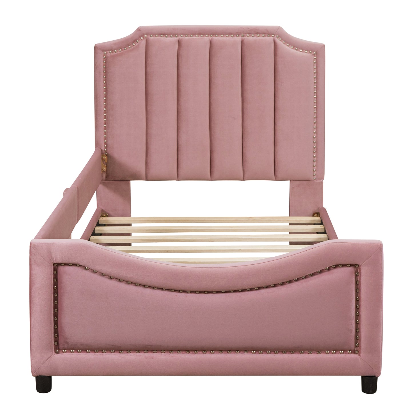 iRerts Upholstered Twin Platform Bed Frame, Velvet Twin Daybed Frame with Classic Stripe Shaped Headboard and Footboard, Wood Twin Size Sofa Bed for Kids Girls Boys, No Box Spring Needed, Pink