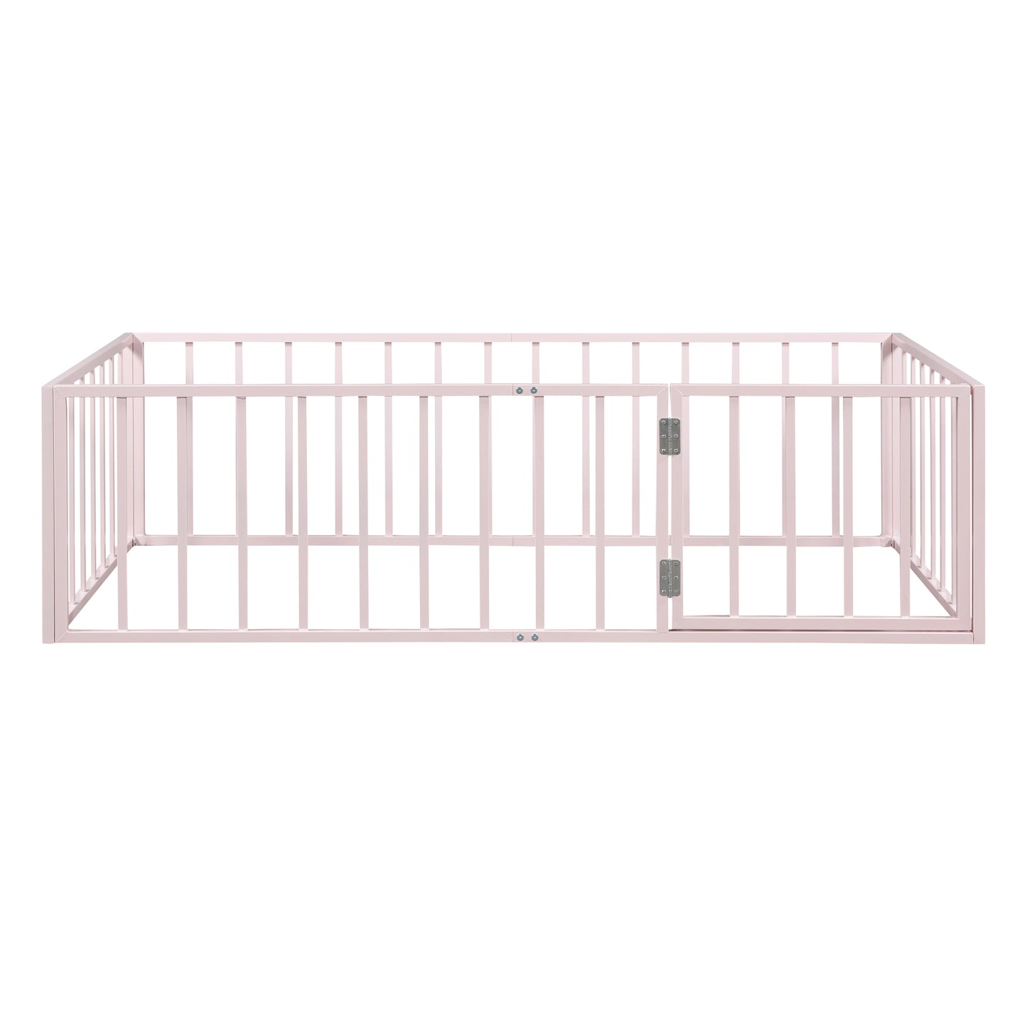iRerts Twin Floor Bed Frame, Metal Twin Size Montessori Floor Bed Frame with Fence and Door, Kids Toddler Floor Bed Frame Twin Size for Girls Boys, Twin Bed Frame without Bed Slats, Pink