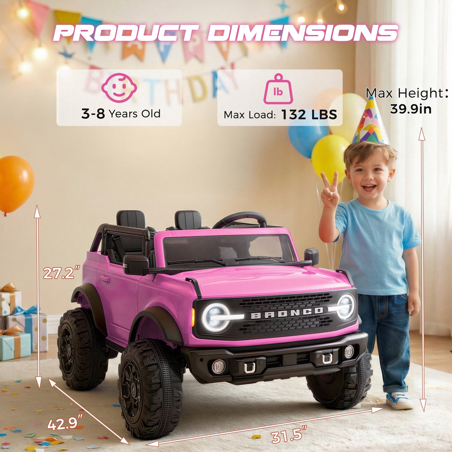 iRerts 2 Seater Ride on Cars, Licensed Ford Bronco Base 24V Ride on Toys for Big Kids Ages 3-8, Powered Kids Car Electric Vehicle with Remote Control, Bluetooth, LED Lights, 4 Wheel Suspension, Pink