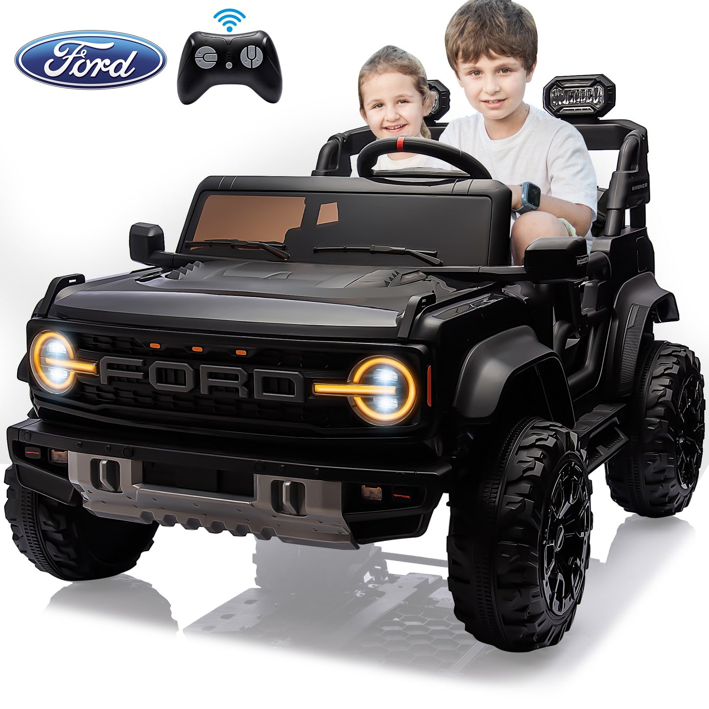 Ford Bronco Raptor 24V Ride on Toys, 2 Seater Ride on Cars with Remote Control, Bluetooth Music, Spring Suspension, Battery Powered Electric Car for Kids Ages 3-8, Black