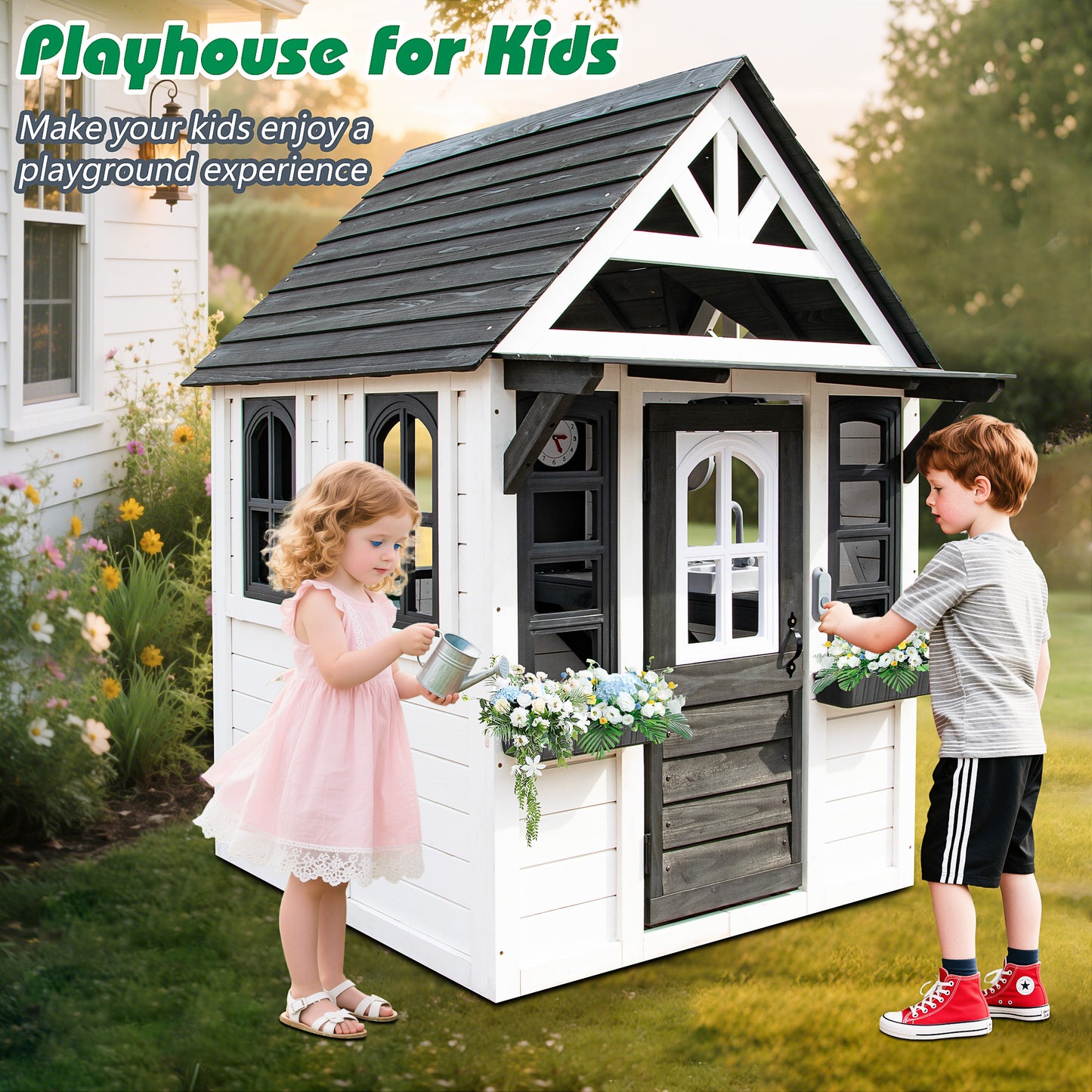 iRerts Outdoor Playhouse, Wooden Playhouse for Kids Play House with Front Door, Flower Pot Holders, Stove, Sink, Doorbell, Windows, Indoor Outdoor Kids Play Equipment Gift for Ages 2+, Black+White