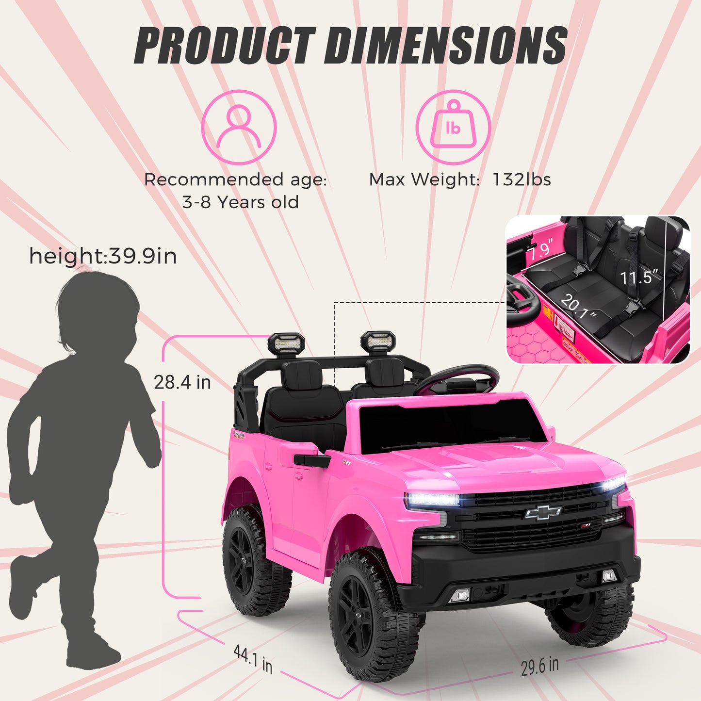 24V Powered Ride on Toys Car, Licensed Chevrolet Silverado 2 Seater Ride on Cars with Remote Control, Spring Suspension, LED Lights, Bluetooth Music, Toddler Electric Car for Kids Ages 3+, Pink