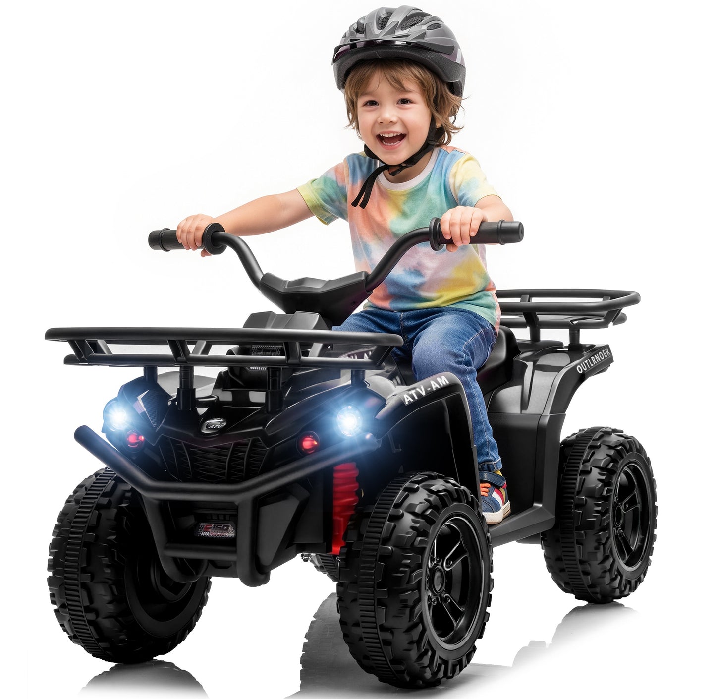 iRerts 24V Ride on ATV, Powered Ride on Toys for Kids Boys Girls Ages 3-5, Kids 4 Wheeler Electric Cars with Bluetooth, Music, LED Headlights, Front Rear Storage Racks, Crash Bars, Black