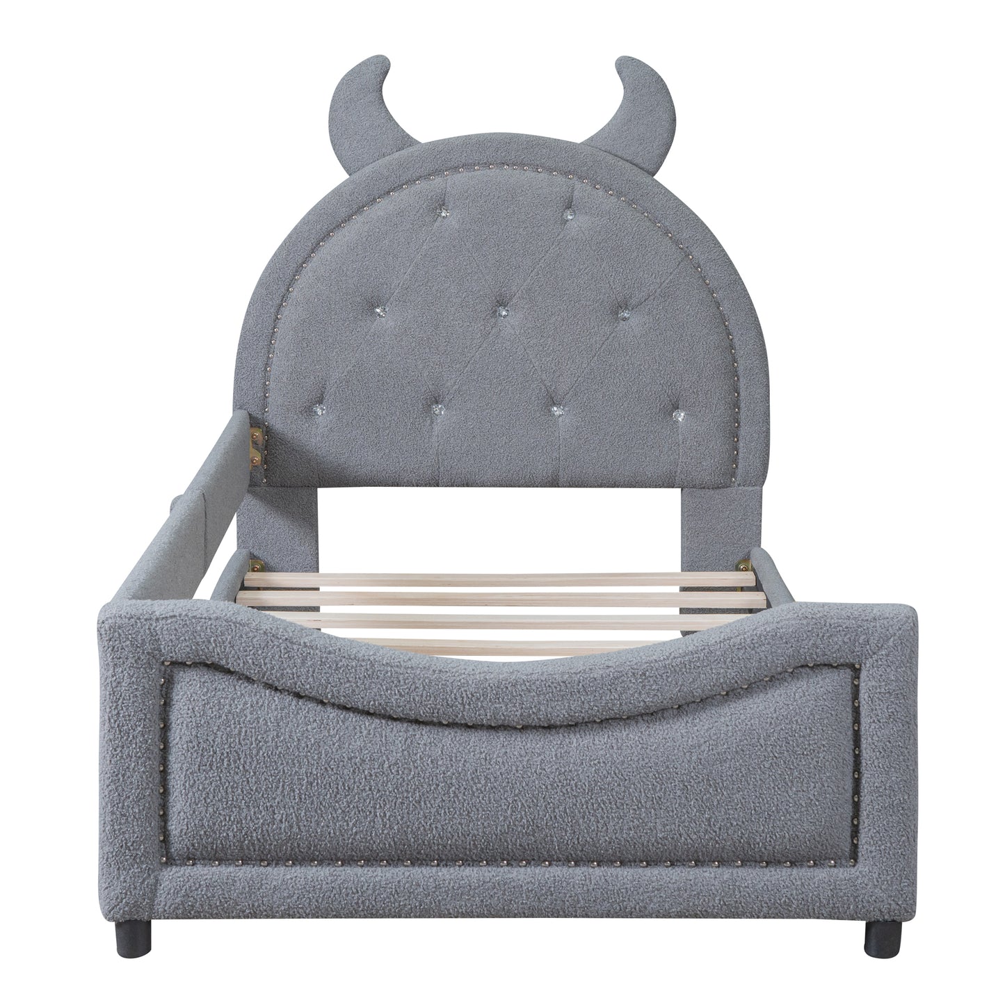 iRerts Twin Size Upholstered Daybed Frame for Kids, Teddy Fleece Twin Platform Bed Frame with OX Hor Shaped Headboard and Footboard, Wood Twin Size Sofa Bed for Girls Boys, Gray