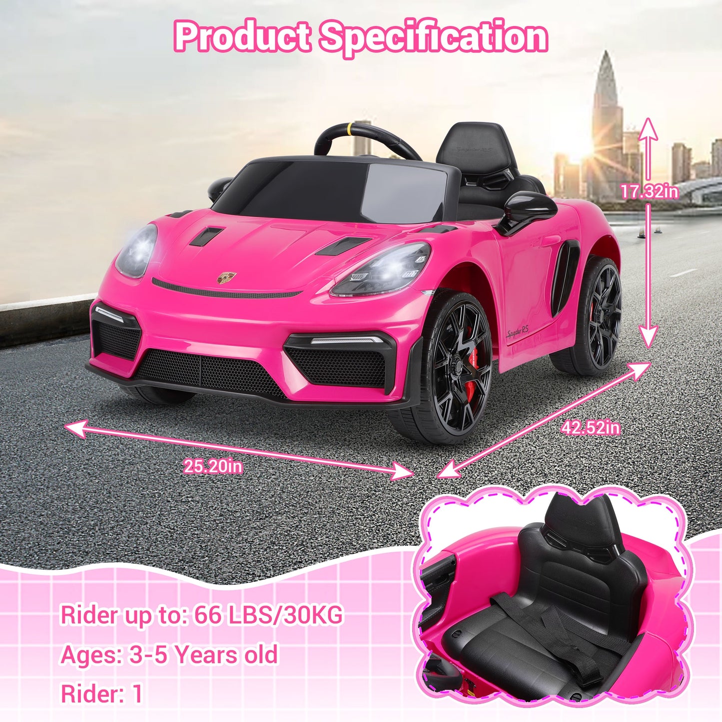 12V Powered Ride On Toys, Licensed Porsche 718 Ride on Car for Kids Boys Girls Christmas Gifts Ages 3-5, Kids Cars Electric Vehicle with Remote Control, Bluetooth, Music, LED Light, 4 Wheeler, Pink