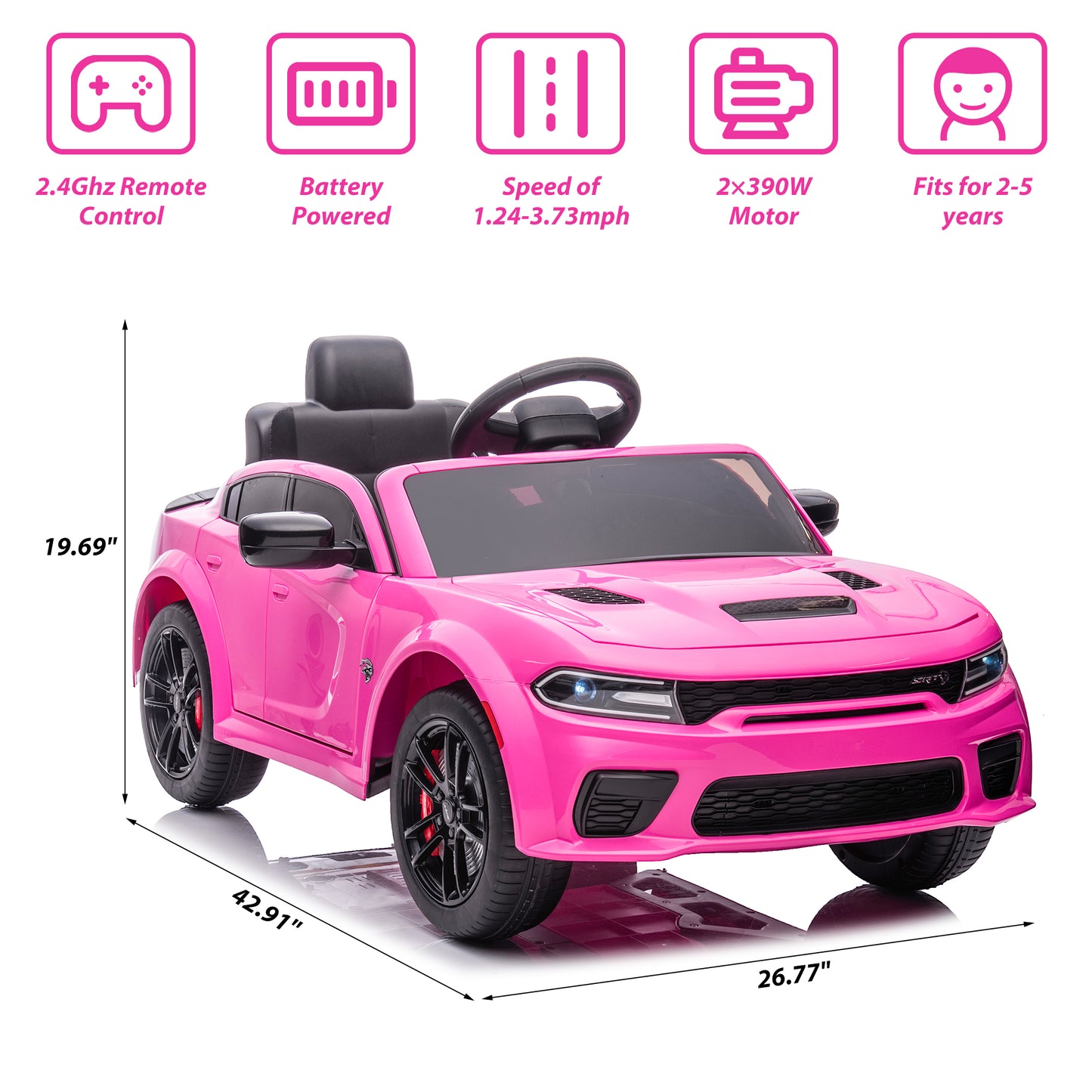 Dodge Charger 12V Ride On Cars with Remote Control, Ride On Vehicles for Kids with LED Light, Bluetooth, USB, MP3, Battery Powered Ride on Toys for Boys Girls 3-5 Years Old Birthday Gifts, Pink