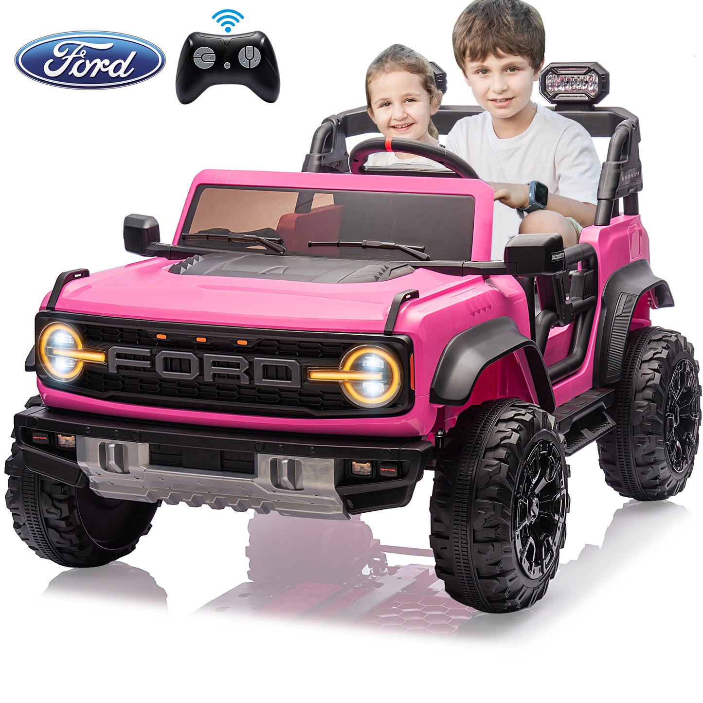 Ford Bronco Raptor 24V Ride on Toys, 2 Seater Ride on Cars with Remote Control, Bluetooth Music, Spring Suspension, Battery Powered Electric Car for Kids Ages 3-8, Pink