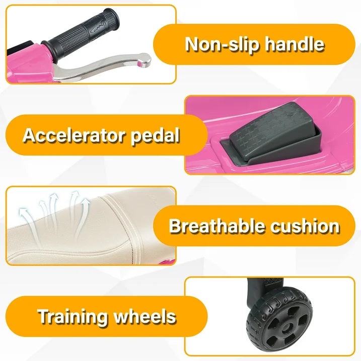 Vespa 12V Ride on Motorcycle, Battery Powered Electric Motorcycle for Kids, Toddler Scooter with Training Wheels, Key Switch, Music, Lights, Ride on Toys for Kids 3-6 Boys Girls, Pink