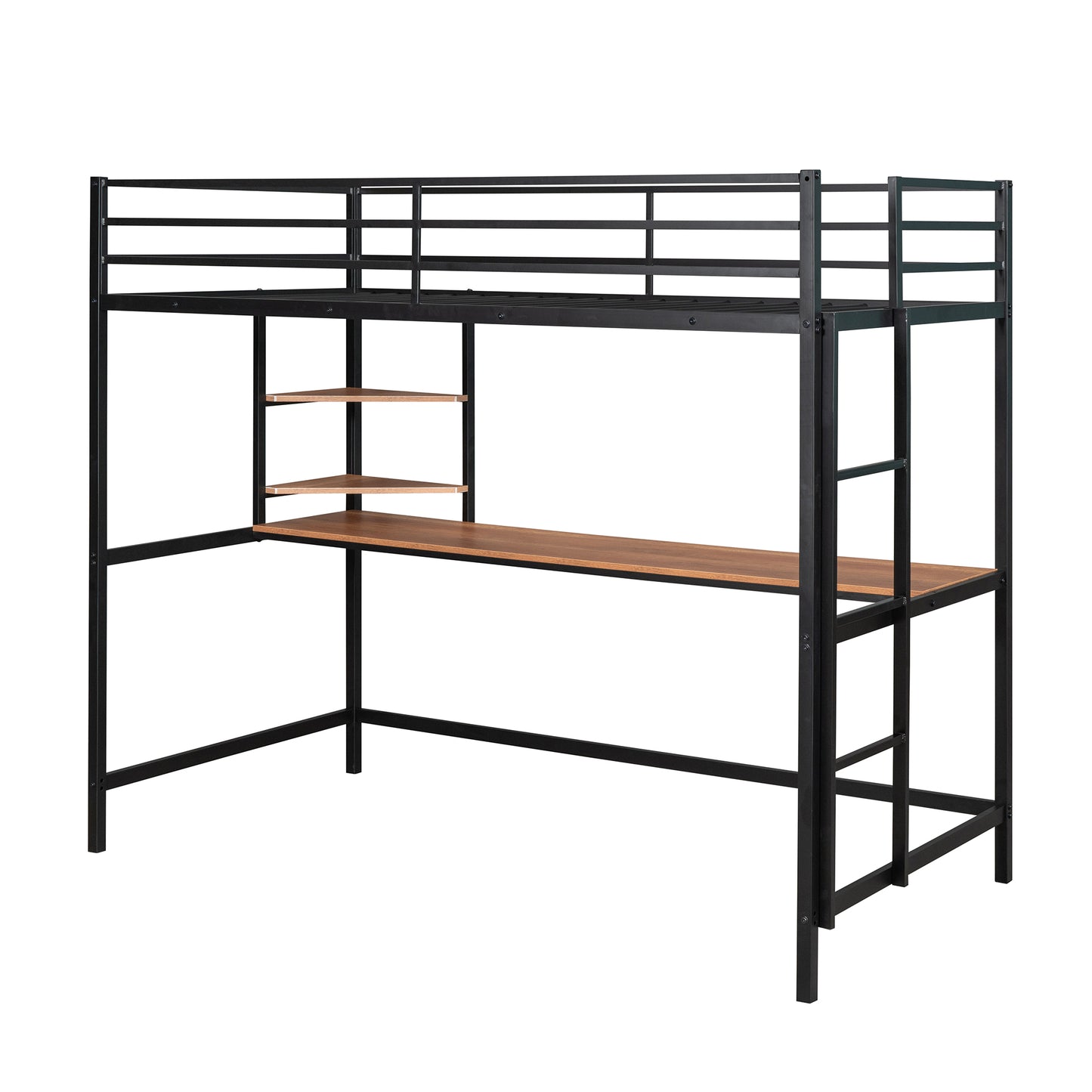 iRerts Loft Bed with Desk and Shelves, Metal Loft Bed Twin for Kids Teens Adult, Twin Size Loft Bed with Safety Guardrail, Modern Black Loft Bed Twin for Dorm Bedroom Guest Room, No Box Spring Needed