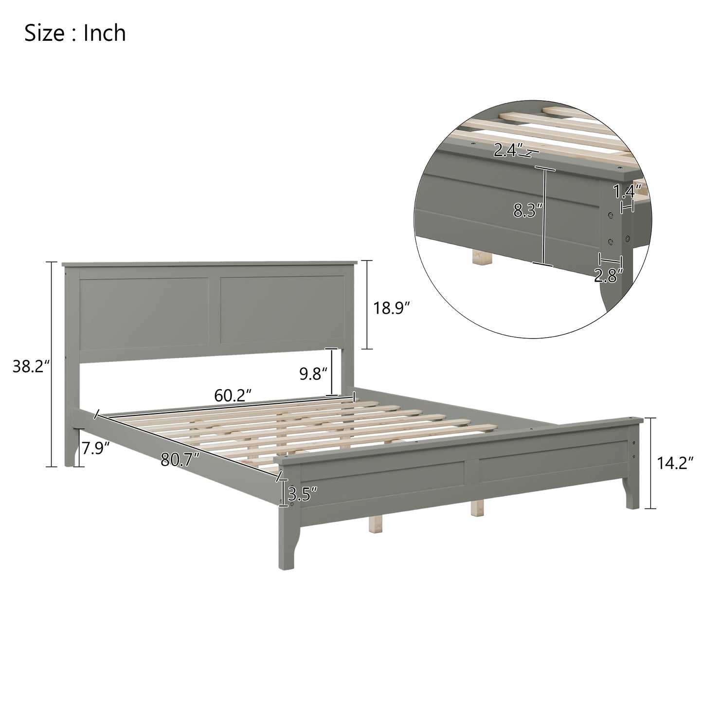 iRerts Queen Platform Bed Frame with Headboard and Footboard, Solid Wood Bed Frames Queen Size with Slats Support, Oak Top, Modern Queen Bed Frame No Box Spring Needed for Kids Adults, Gray