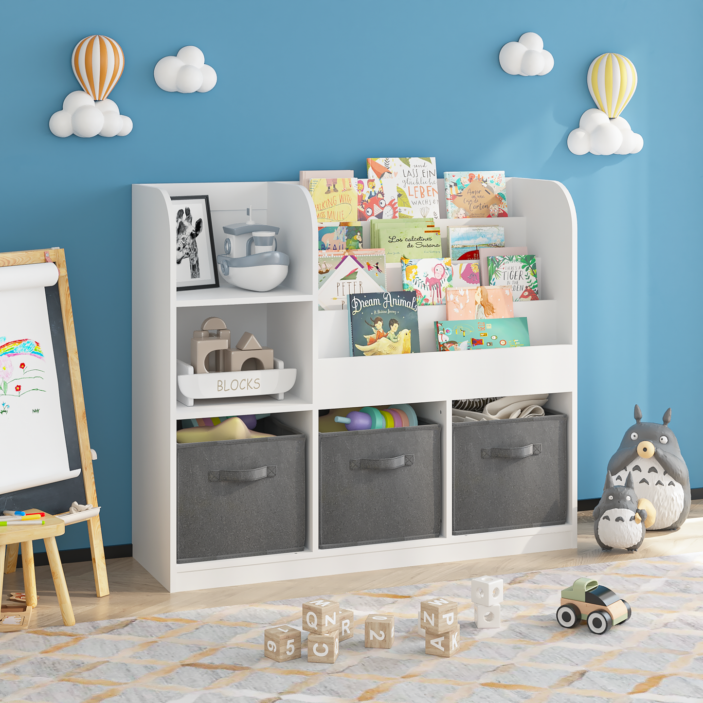 Kids Bookshelf and Toy Storage, Wooden Bookcase with 3 Drawers and 4 Book Display Shelf, Toy Storage Organizer with Bins, for Toddlers Kids Room Furniture/ Bedroom/ Living Room