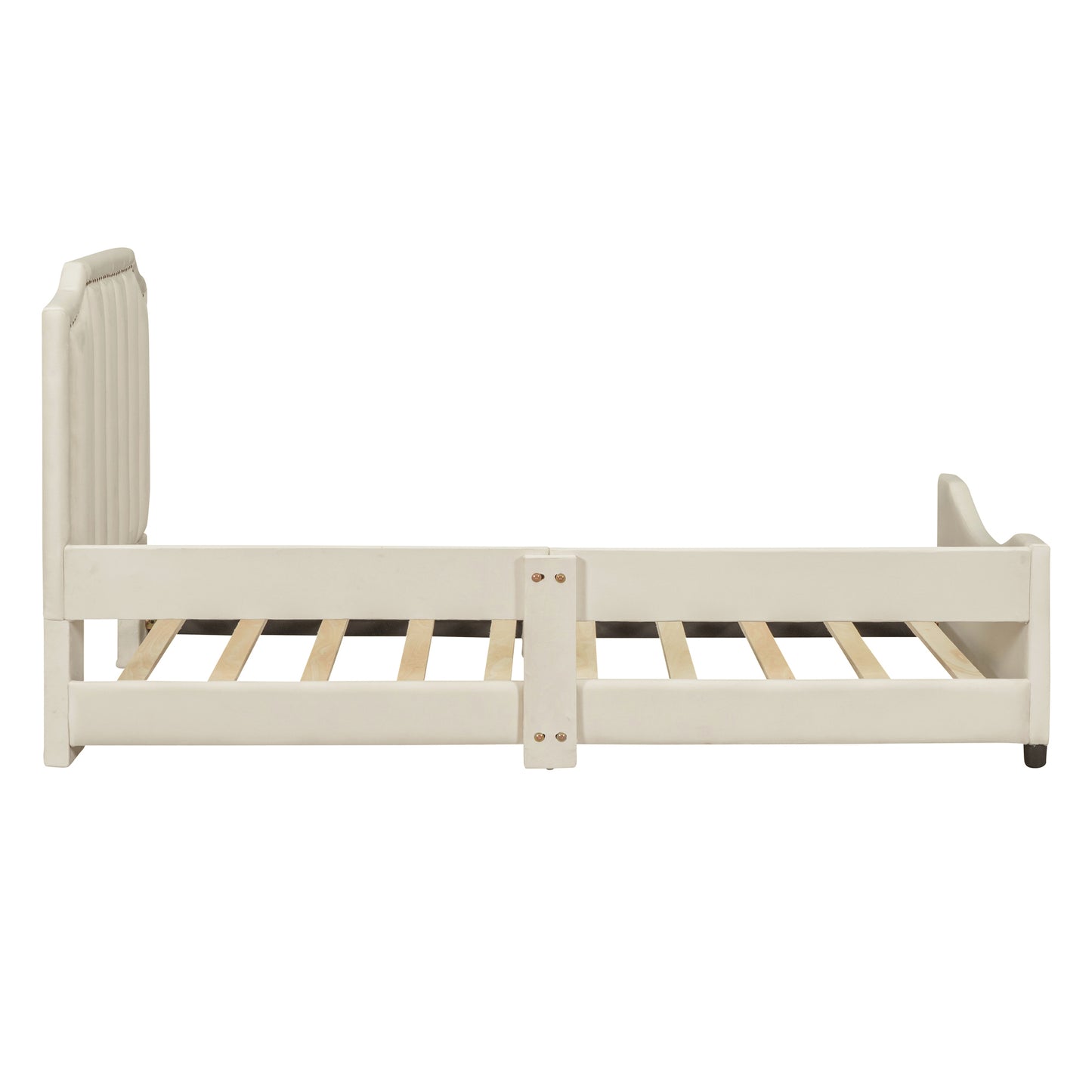 iRerts Upholstered Twin Platform Bed Frame, Velvet Twin Daybed Frame with Classic Stripe Shaped Headboard and Footboard, Wood Twin Size Sofa Bed for Kids Girls Boys, No Box Spring Needed, Beige