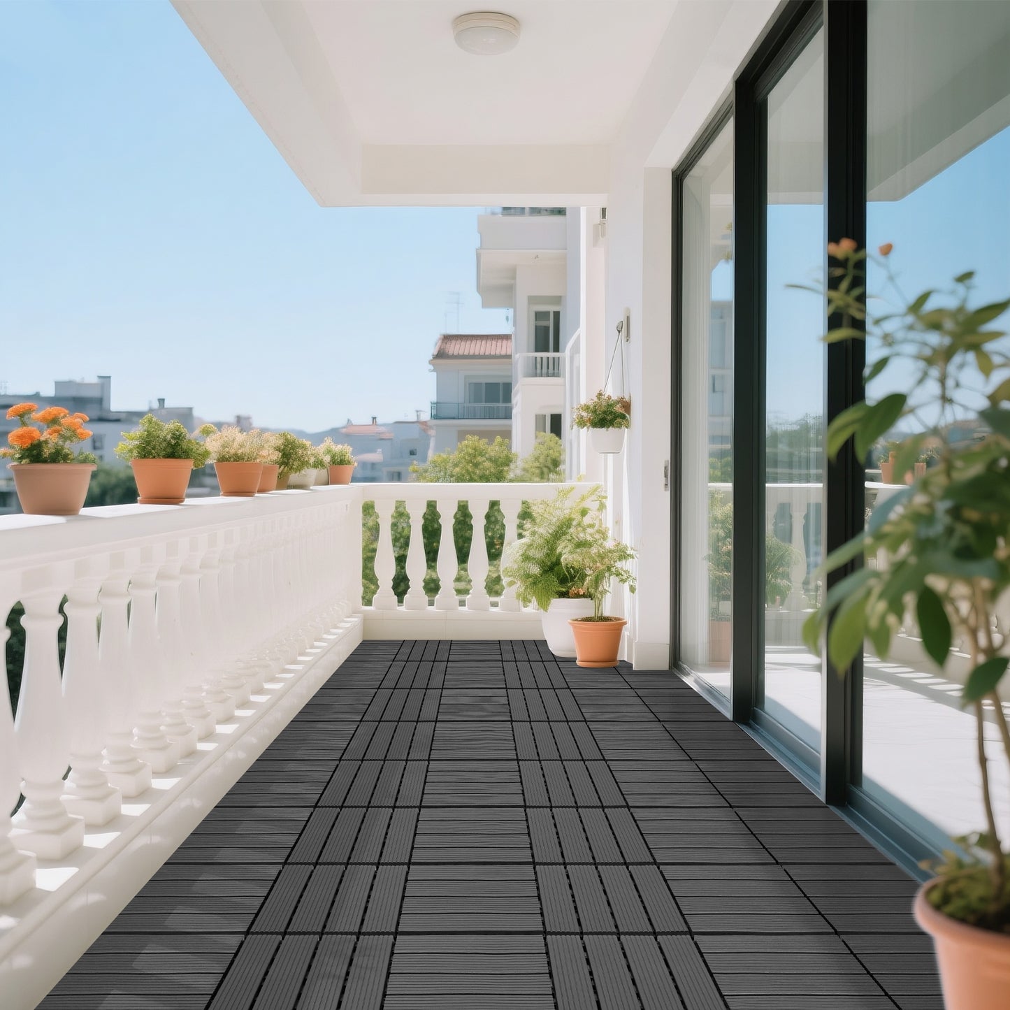iRerts Plastic Interlocking Deck Tiles, 44 Pack Outdoor Flooring Tiles 12" x 12", All Weather Use, Patio Floor Decking Tiles for Porch Poolside Balcony Backyard, Gray