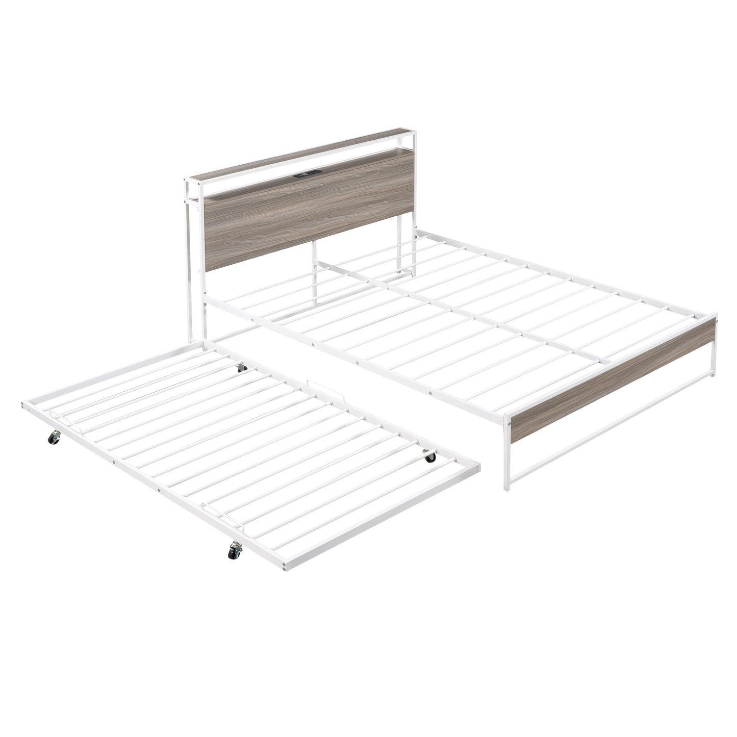 Queen Size Metal Platform Bed Frame with Twin Size Trundle, Queen Size Bed Frame with Storage Headboard, Outlet/USB Ports, Steel Slat Support, Queen Bed Frame No Box Spring Needed for Bedroom, White