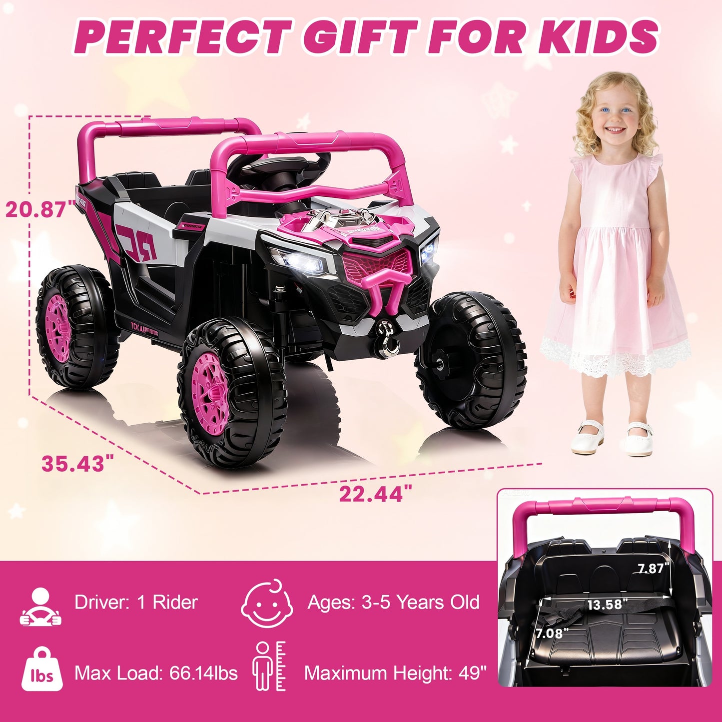 iRerts 12V Electric Ride on UTV, Powered Ride on Cars with Parent Remote Control, LED Lights, Music Player, Front Shock Absorbers, Ride on Toys for Kids Boys Girls Ages 3-4, Pink