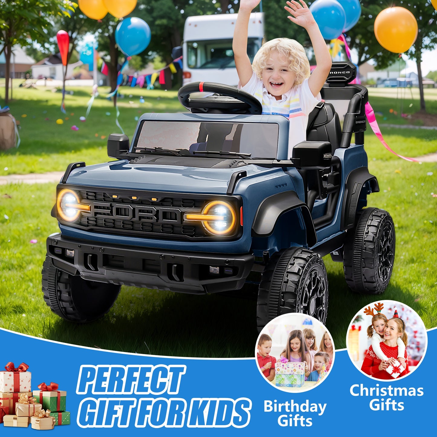 12V Powered Ride on Car, Ford Bronco Raptor Ride on Toys with Remote Control, Battery Powered Ride on Trucks with Bluetooth Music, LED Light, Kids Car Electric Vehicle for Boys Girls Gifts, Blue