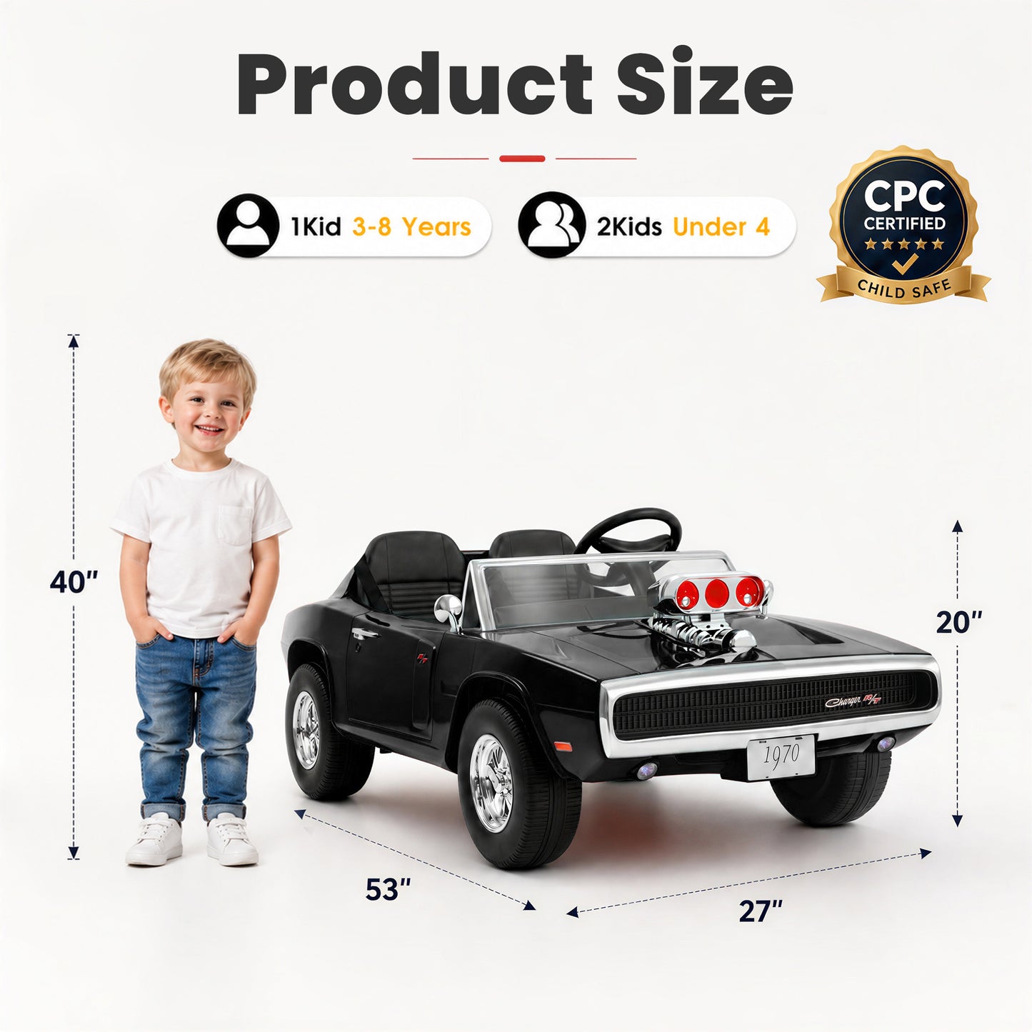 Dodge 24V 2 Seater Ride on Car with Remote Control/Bluetooth, Dodge Charger R/T 1970 Battery Powered Ride on w/4-Wheel Suspension, Electric Car for Kids Toddler