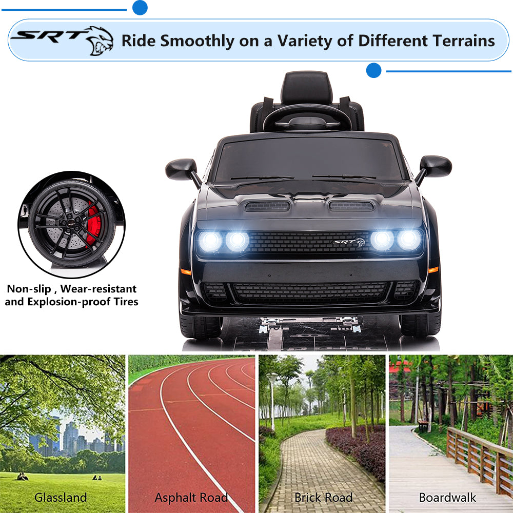 Dodge Challenger 12V Ride On Cars with Remote Control, kids Electric Car with Bluetooth, LED Light, USB, MP3, Battery Powered Ride on Toys for 3-5 Years Old Kids Boys Girls Birthday Gifts, Black