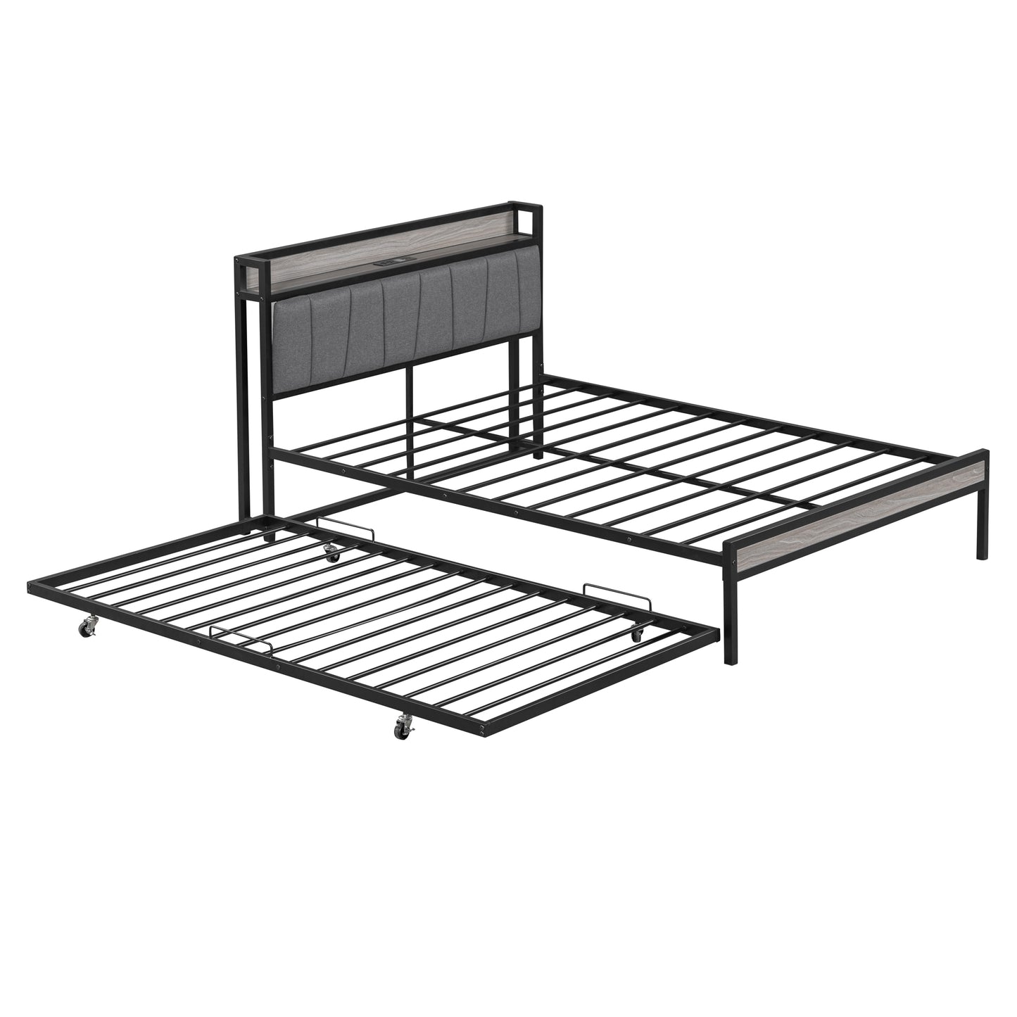 Full Size Metal Platform Bed Frame with Twin Size Trundle, Full Size Bed Frame with Upholstered Headboard, USB Ports, Steel Slat Support, Full Bed Frame No Box Spring Needed for Bedroom, Black