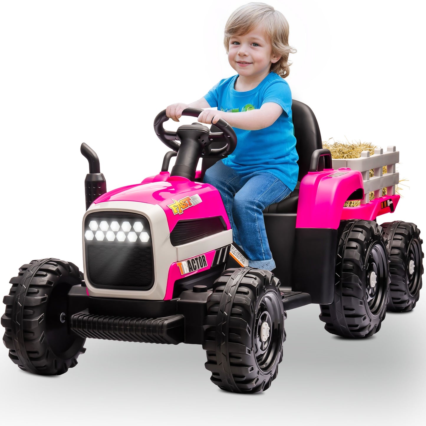 Powered Ride on Toy Tractor, 24V Kids Ride on Car with Remote Control, Electric Vehicles for Kids Toddlers 3-6 Years with 3 Speeds, Bluetooth, Music Player, LED Light, Rear Wheel Suspension, Rose Red