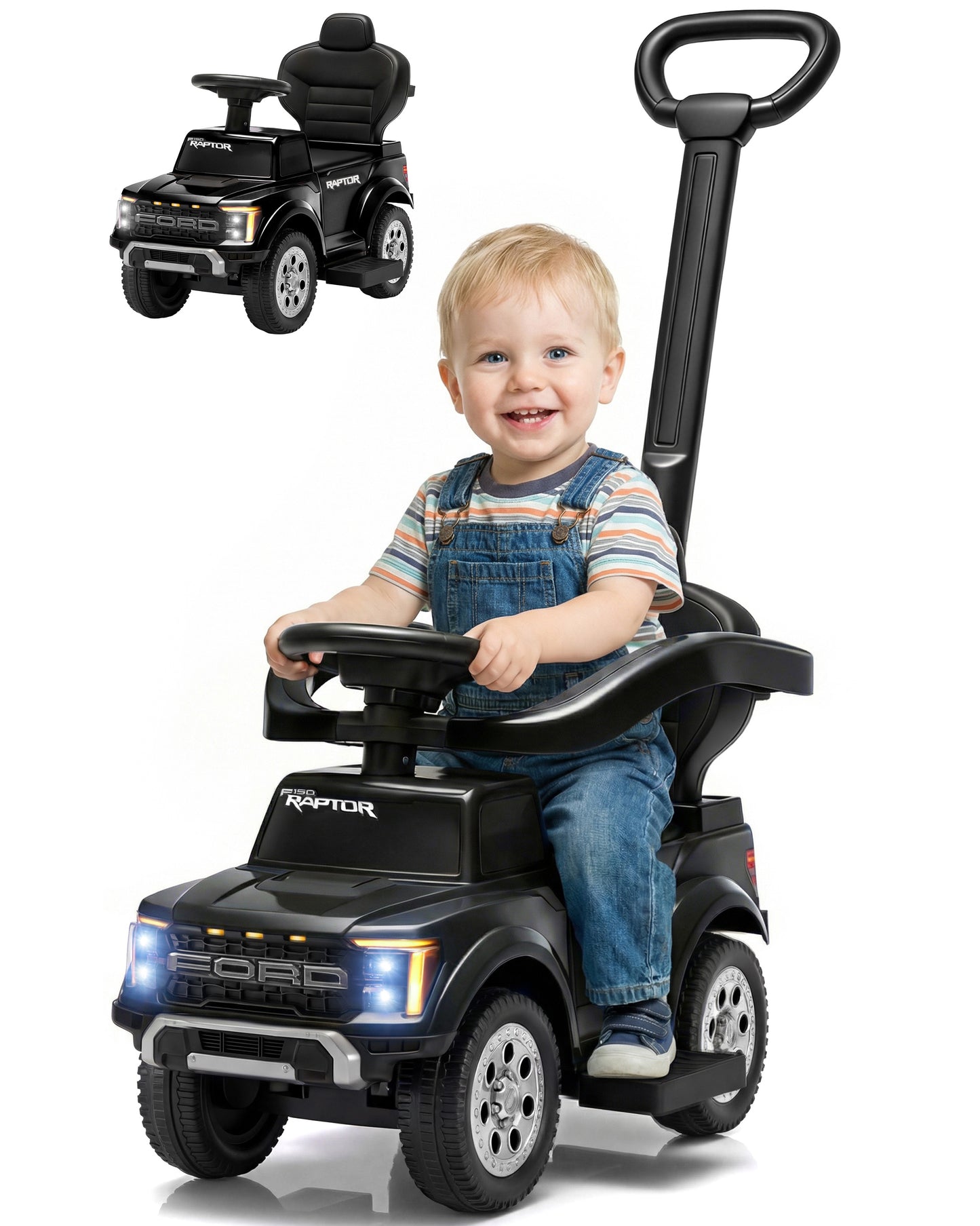Push Car for Toddlers 1-3, Licensed Ford F-150 3-in-1 Kids Ride on Toy with Parent Push Handle, Foot to Floor Sliding Car with Horn & Lights, Under Seat Storage, Black