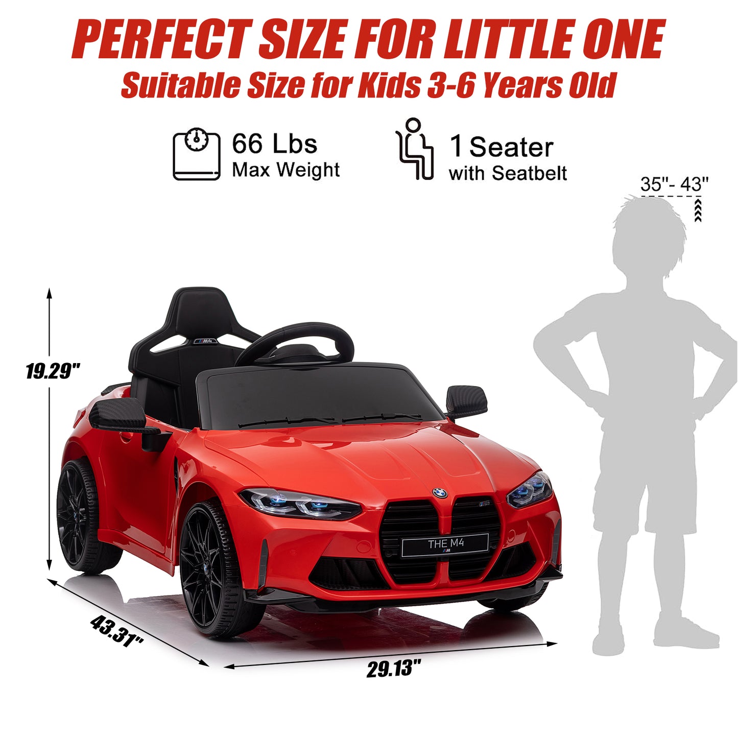 BMW M4 Black 12V Ride On Cars with Remote Control, Battery Powered Ride on Toys with Music, Bluetooth, Story, USB/MP3 Port, LED Light, Kids Electric Vehicle for Boys Girls with Wheels, Easy to Carry