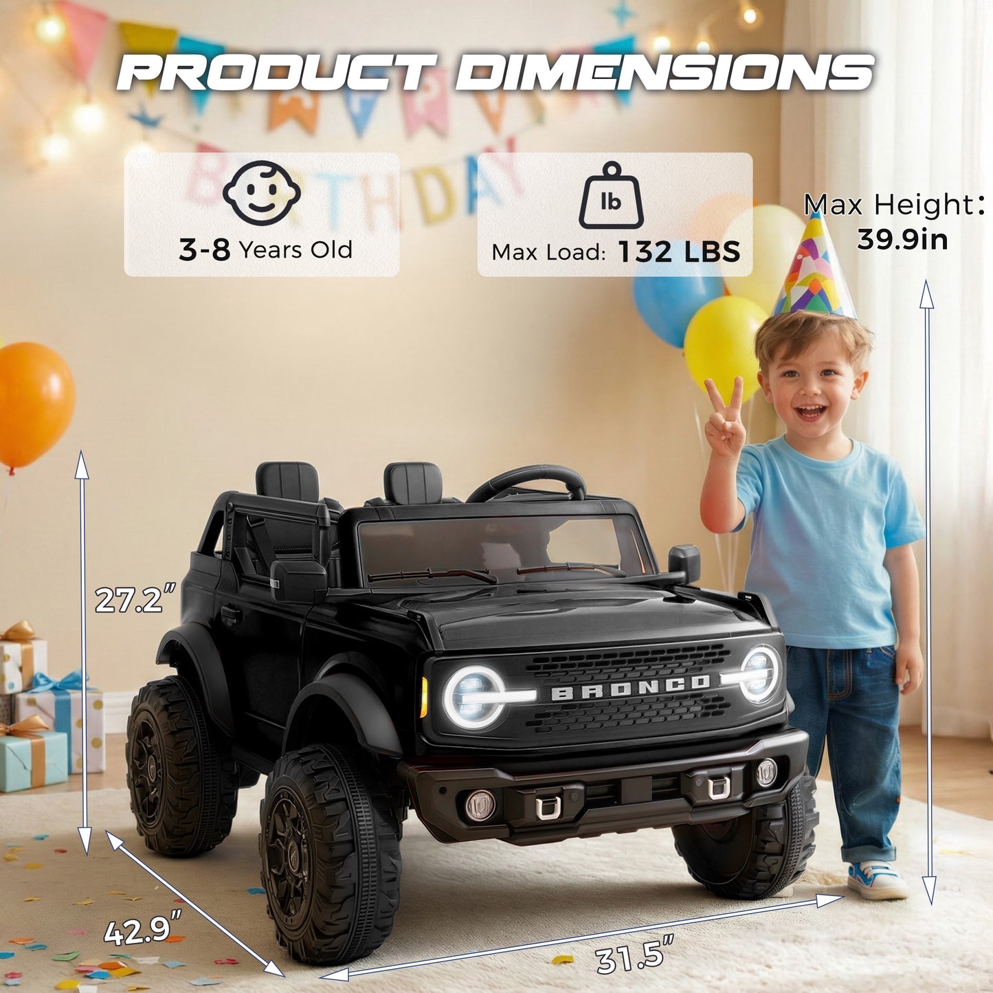 iRerts 2 Seater Ride on Cars, Licensed Ford Bronco Base 24V Ride on Toys for Big Kids Ages 3-8, Powered Kids Car Electric Vehicle with Remote Control, Bluetooth, LED Lights, 4 Wheel Suspension, Black