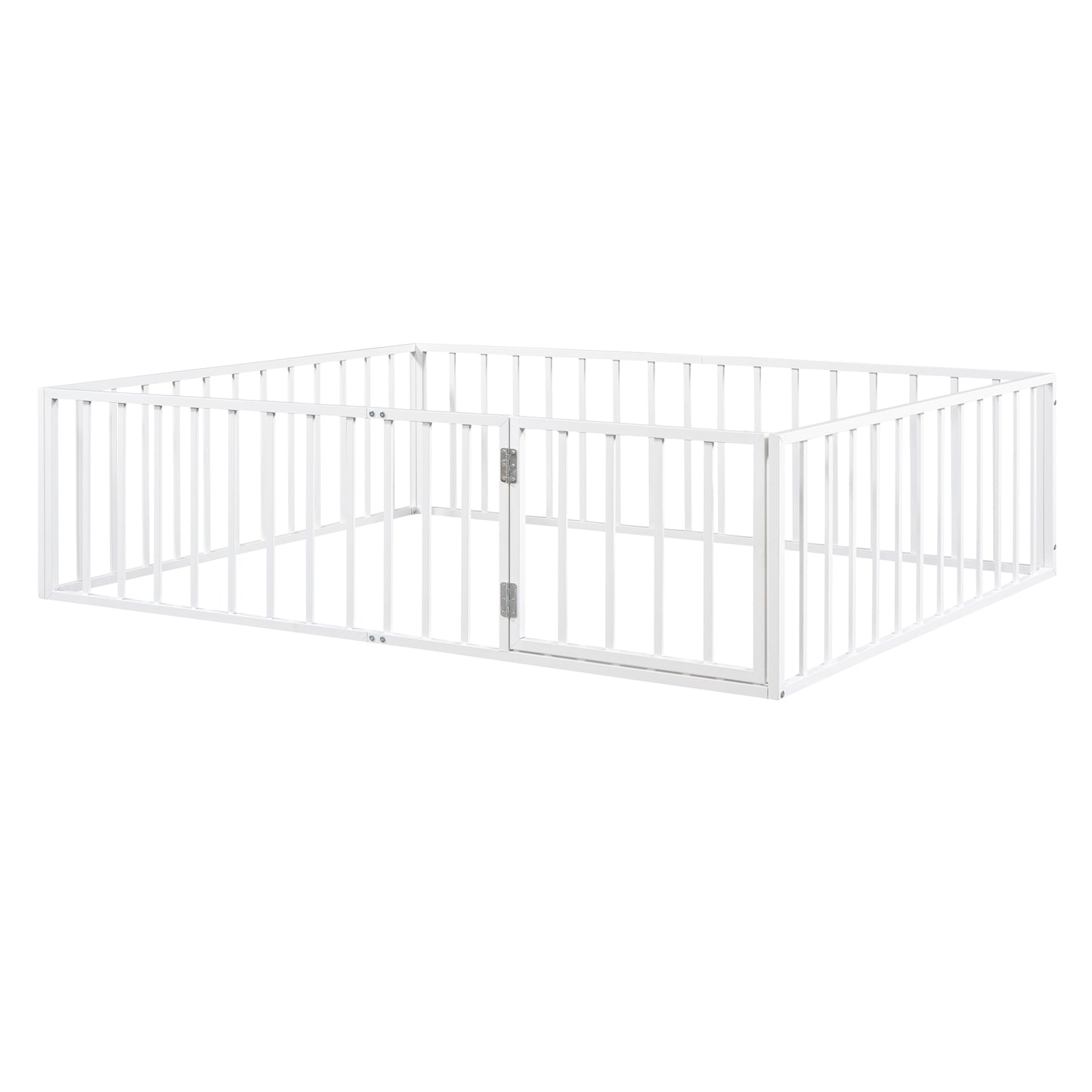 iRerts Queen Floor Bed Frame, Metal Queen Size Montessori Floor Bed Frame with Fence and Door, Kids Toddler Floor Bed Frame Queen Size for Girls Boys, Twin Bed Frame without Bed Slats, White