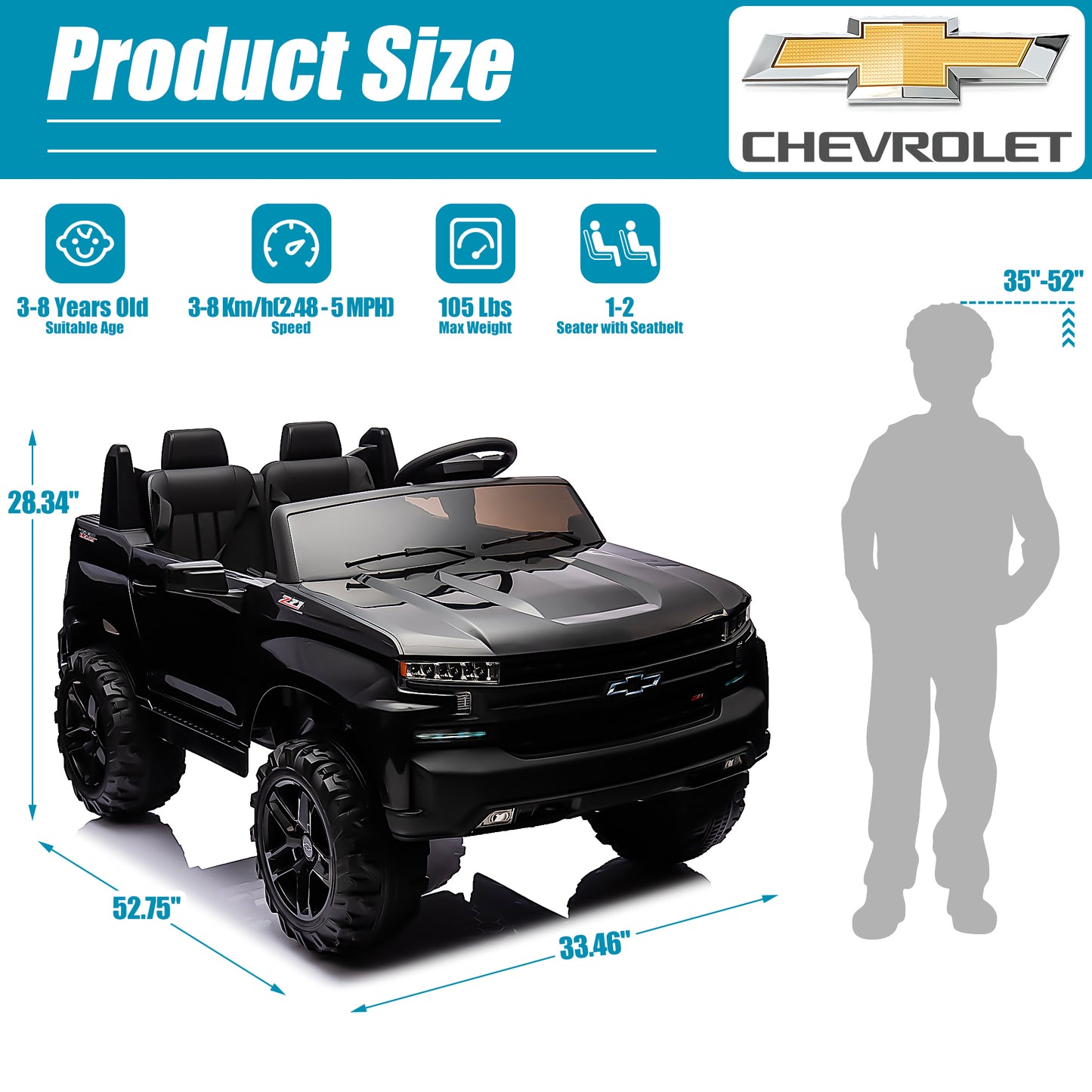 2 Seater 24V Ride on Cars with Remote Control, Licensed Chevrolet Silverado Kids Ride on Truck for Boys Girls Birthday Christmas Gifts, Battery Powered Kids Electric Cars with LED Lights, Music, Black