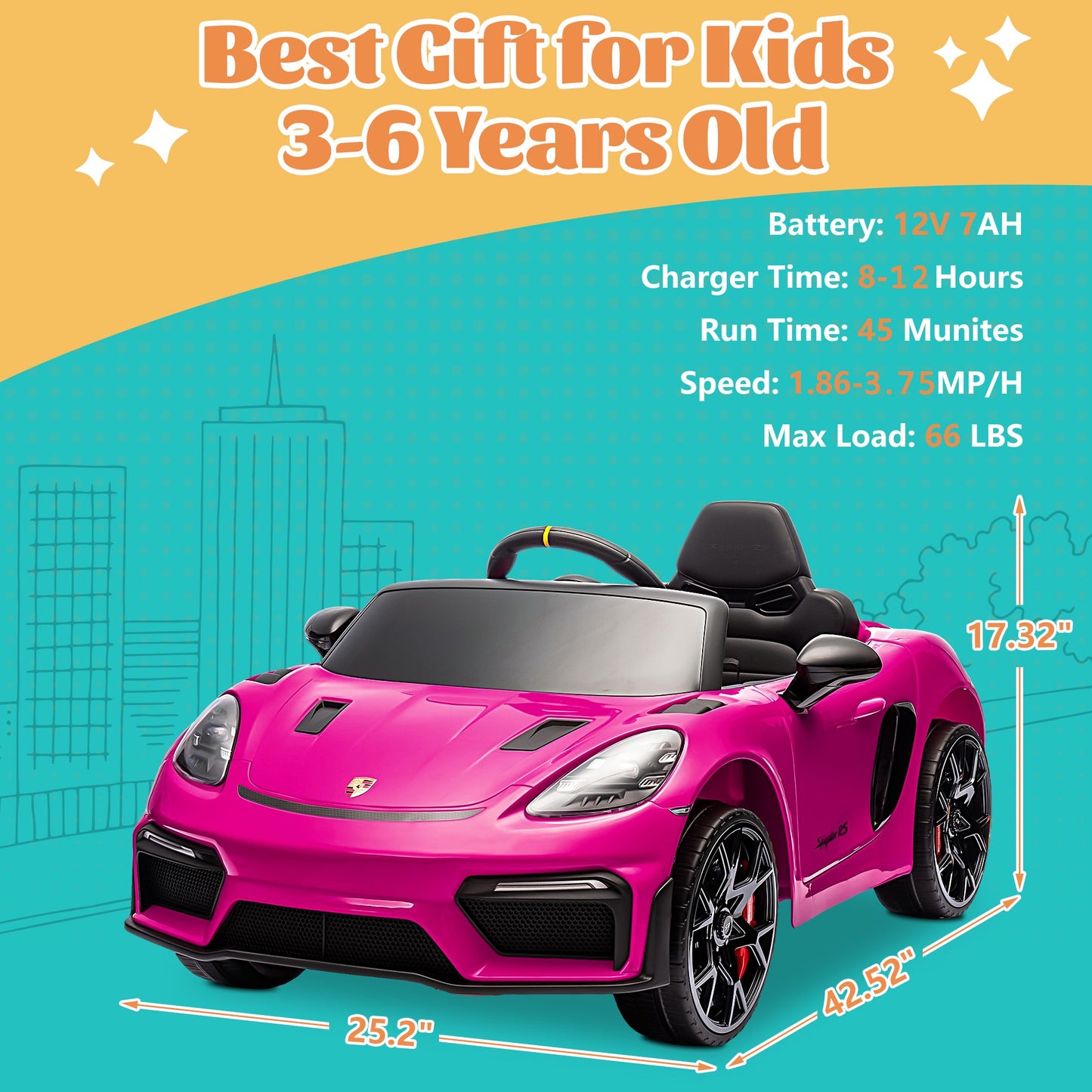 12V Kids Powered Ride on Car Toy, Electric Vehicle with Remote Control, Licensed Porsche 718 Spyder Sport Car for Grils Boys Ages 3-6, Bluetooth, 4 Wheel Suspension