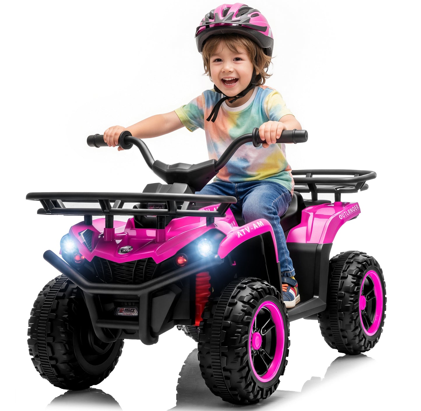 iRerts 24V Ride on ATV, Powered Ride on Toys for Kids Boys Girls Ages 3-5, Kids 4 Wheeler Electric Cars with Bluetooth, Music, LED Headlights, Front Rear Storage Racks, Crash Bars, Pink