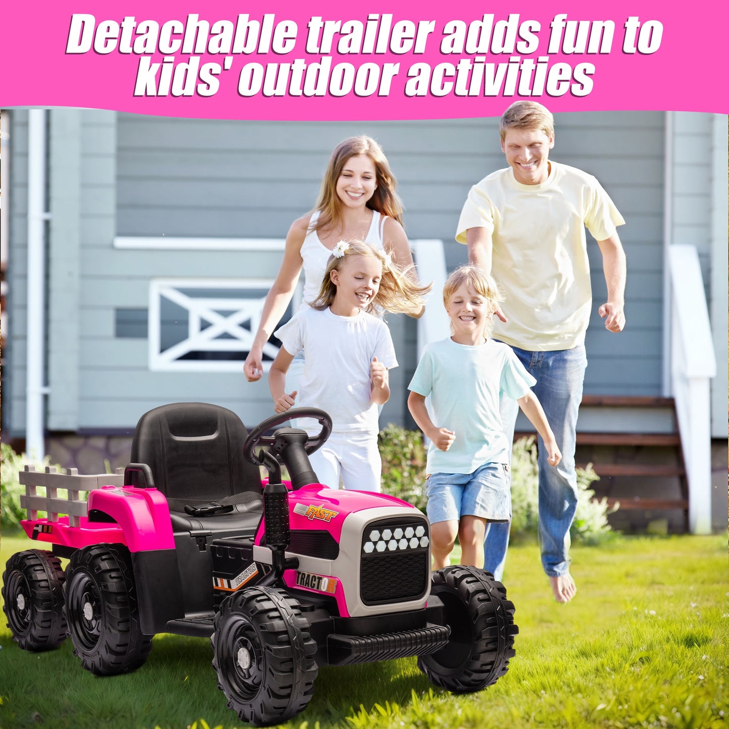 Powered Ride on Toy Tractor, 24V Kids Ride on Car with Remote Control, Electric Vehicles for Kids Toddlers 3-6 Years with 3 Speeds, Bluetooth, Music Player, LED Light, Rear Wheel Suspension, Rose Red