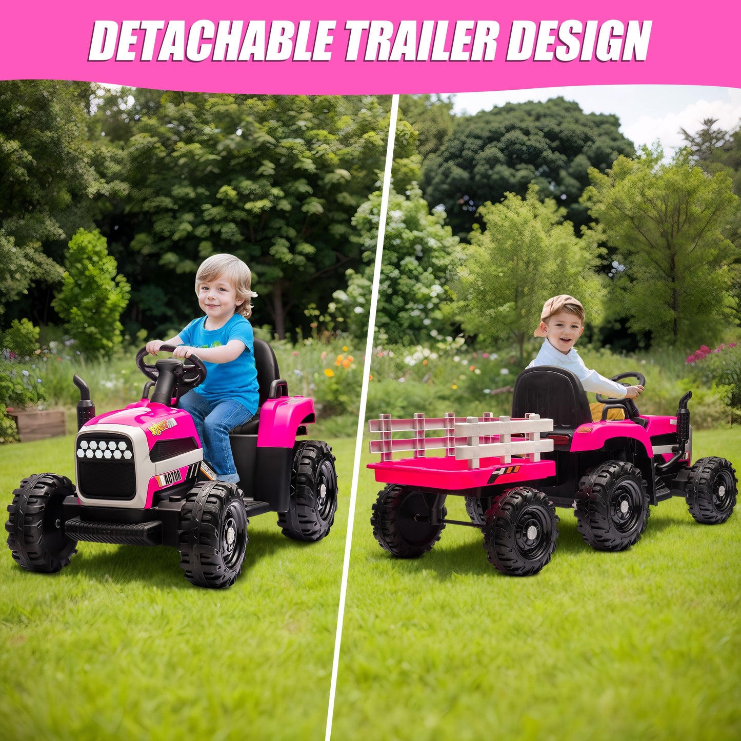Powered Ride on Toy Tractor, 24V Kids Ride on Car with Remote Control, Electric Vehicles for Kids Toddlers 3-6 Years with 3 Speeds, Bluetooth, Music Player, LED Light, Rear Wheel Suspension, Rose Red