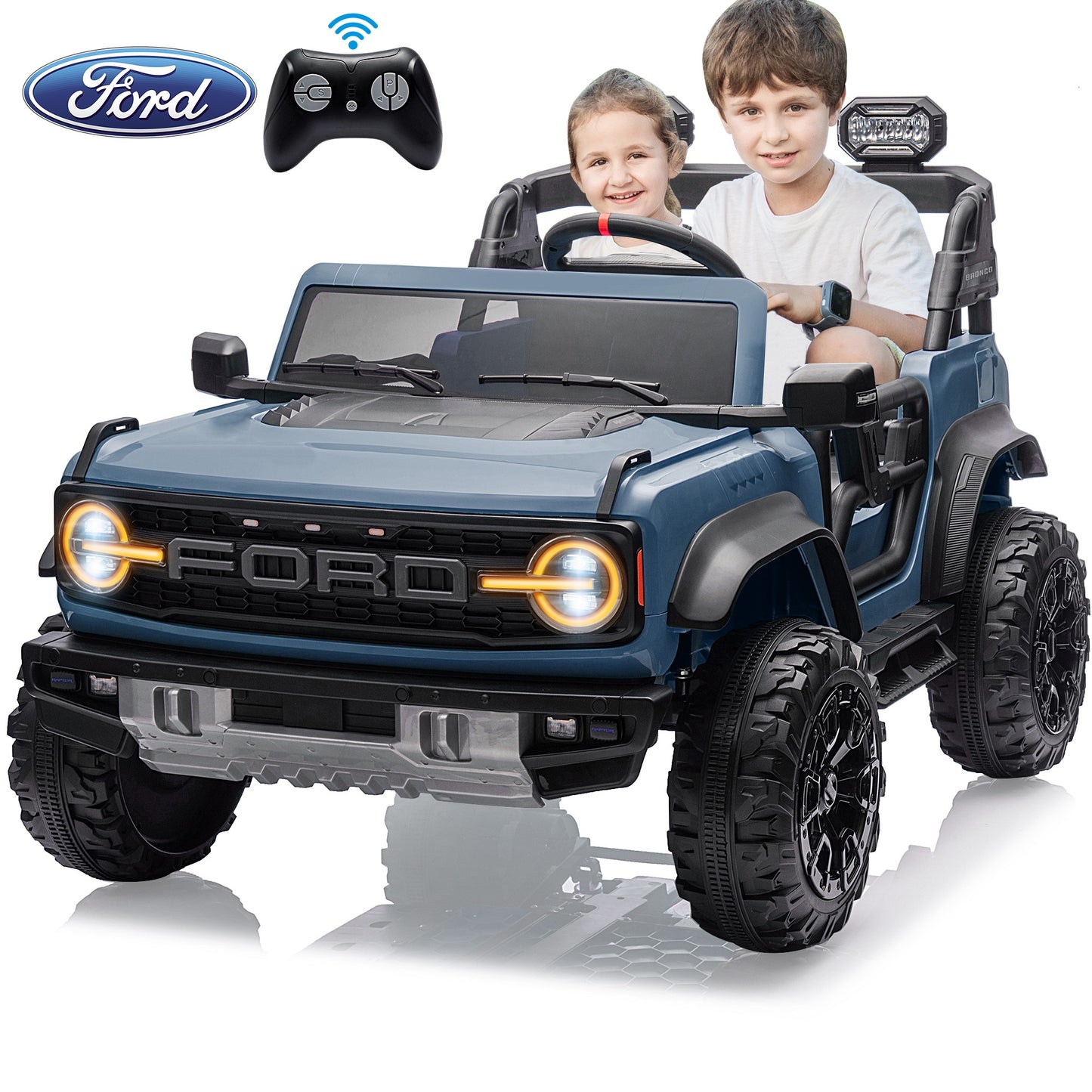 Ford Bronco Raptor 24V Ride on Toys, 2 Seater Ride on Cars with Remote Control, Bluetooth Music, Spring Suspension, Battery Powered Electric Car for Kids Ages 3-8, Blue