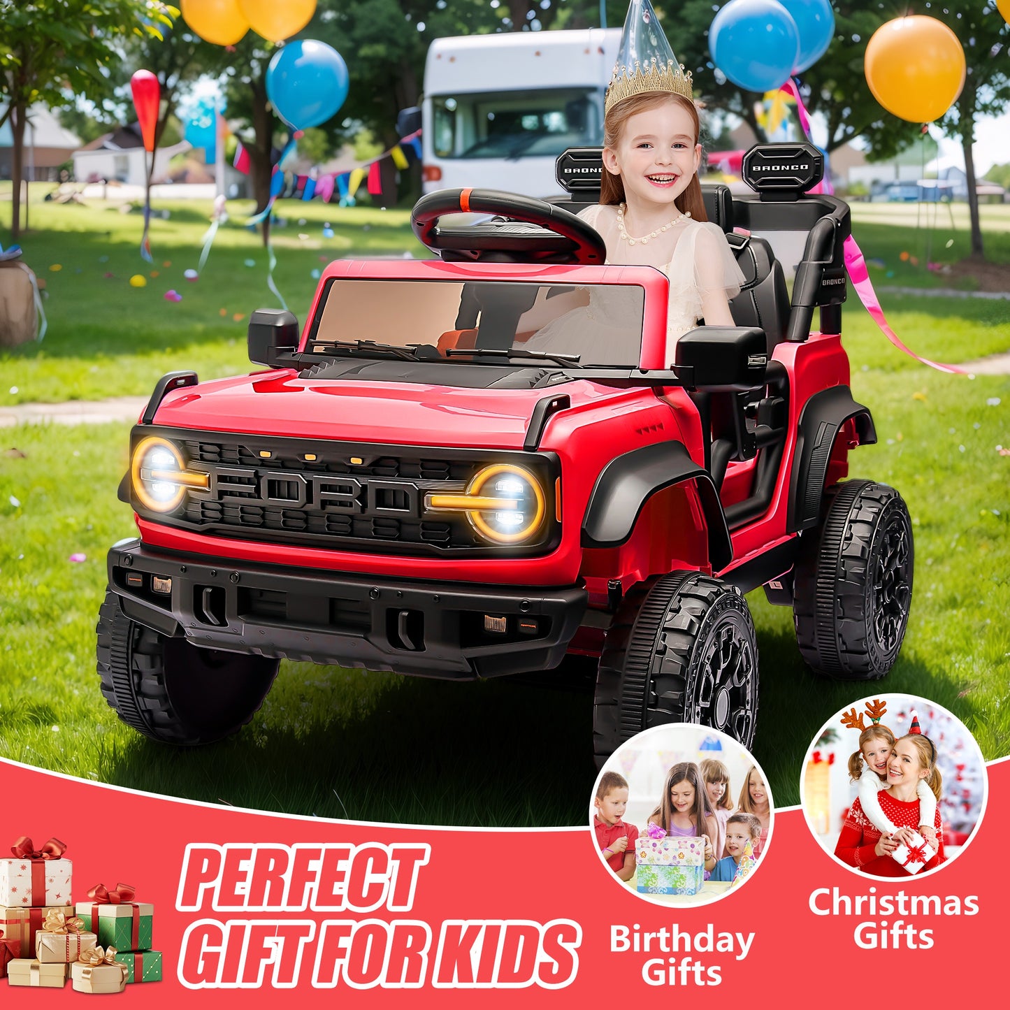 12V Powered Ride on Car, Ford Bronco Raptor Ride on Toys with Remote Control, Battery Powered Ride on Trucks with Bluetooth Music, LED Light, Kids Car Electric Vehicle for Boys Girls Gifts, Red