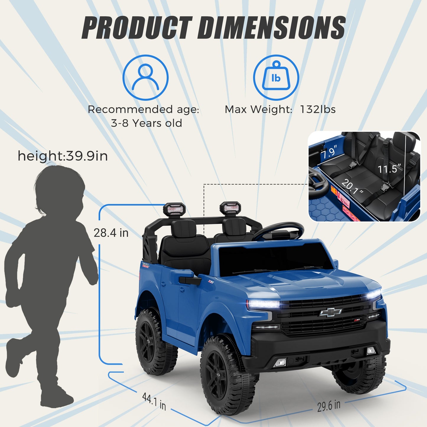 24V Powered Ride on Toys Car, Licensed Chevrolet Silverado 2 Seater Ride on Cars with Remote Control, Spring Suspension, LED Lights, Bluetooth Music, Toddler Electric Car for Kids Ages 3+, Blue