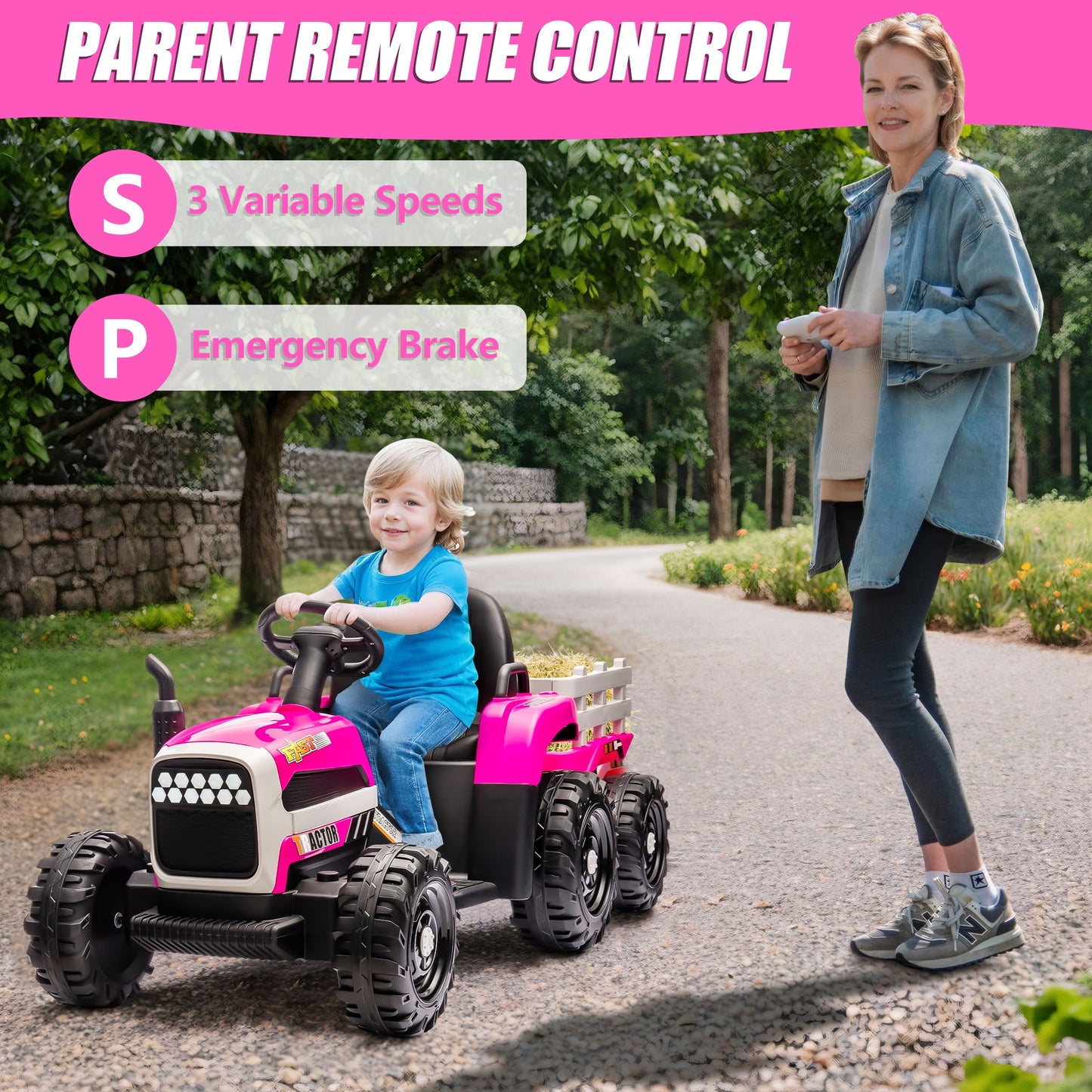 Powered Ride on Toy Tractor, 24V Kids Ride on Car with Remote Control, Electric Vehicles for Kids Toddlers 3-6 Years with 3 Speeds, Bluetooth, Music Player, LED Light, Rear Wheel Suspension, Rose Red
