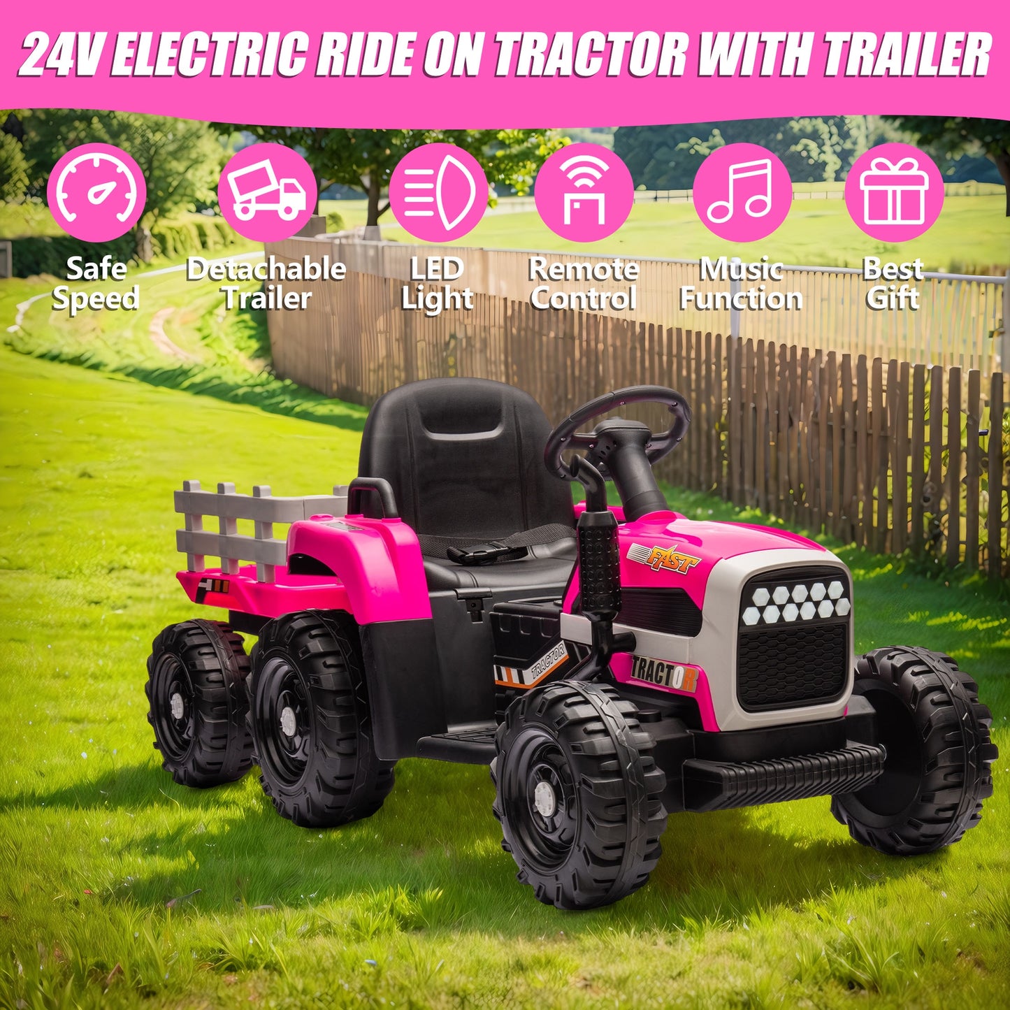 Powered Ride on Toy Tractor, 24V Kids Ride on Car with Remote Control, Electric Vehicles for Kids Toddlers 3-6 Years with 3 Speeds, Bluetooth, Music Player, LED Light, Rear Wheel Suspension, Rose Red