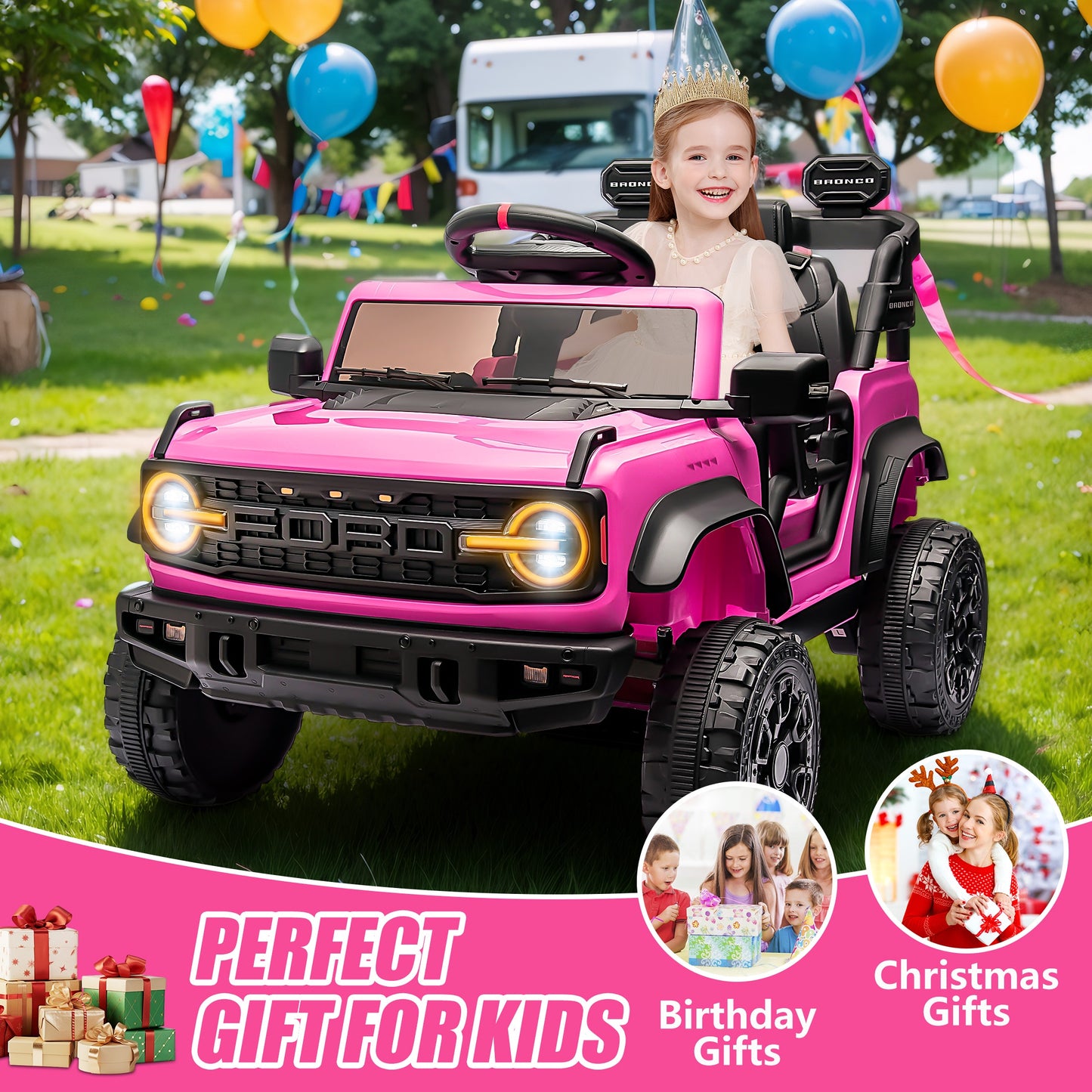 12V Powered Ride on Car, Ford Bronco Raptor Ride on Toys with Remote Control, Battery Powered Ride on Trucks with Bluetooth Music, LED Light, Kids Car Electric Vehicle for Boys Girls Gifts, Pink