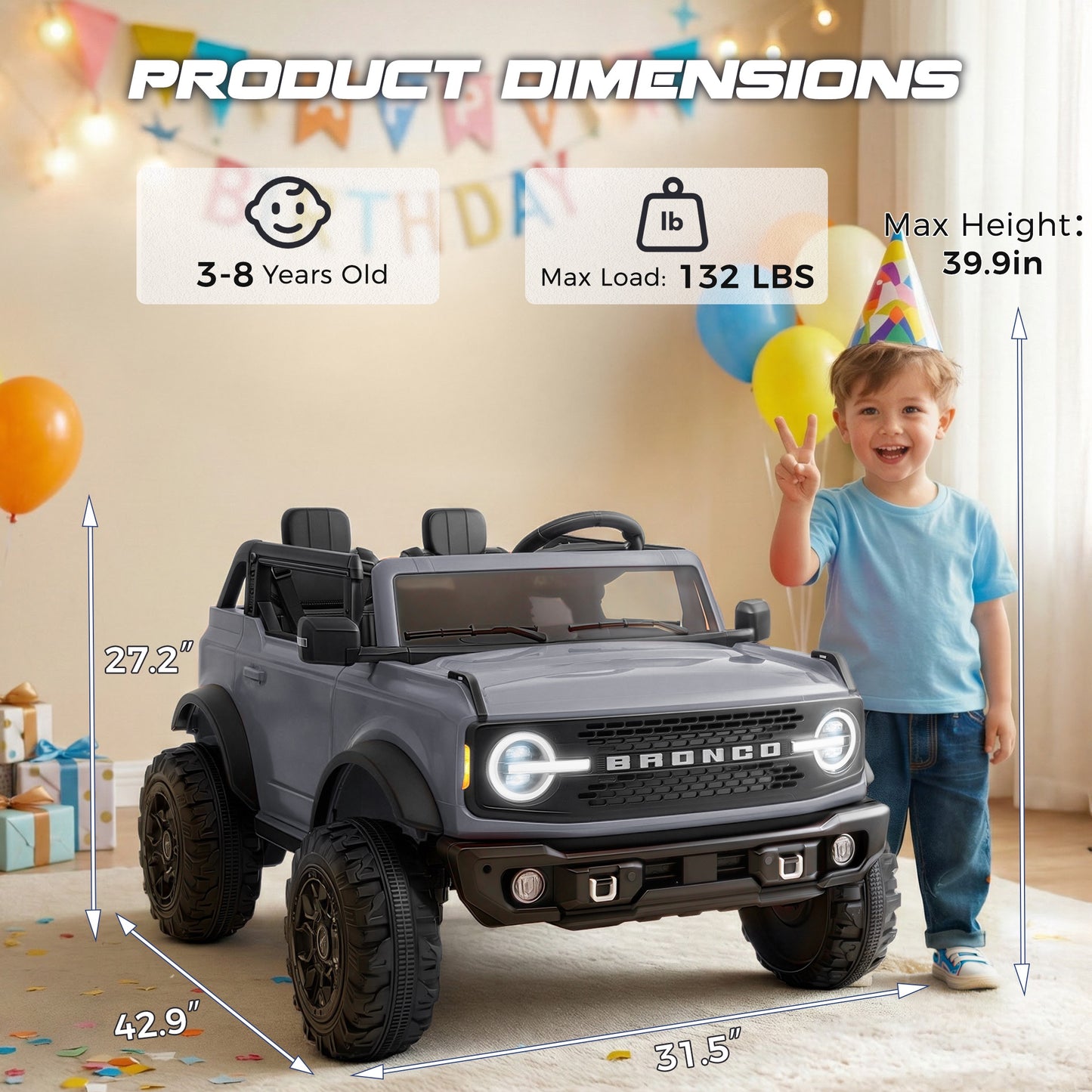 iRerts 2 Seater Ride on Cars, Licensed Ford Bronco Base 24V Ride on Toys for Big Kids Ages 3-8, Powered Kids Car Electric Vehicle with Remote Control, Bluetooth, LED Lights, 4 Wheel Suspension, Gray
