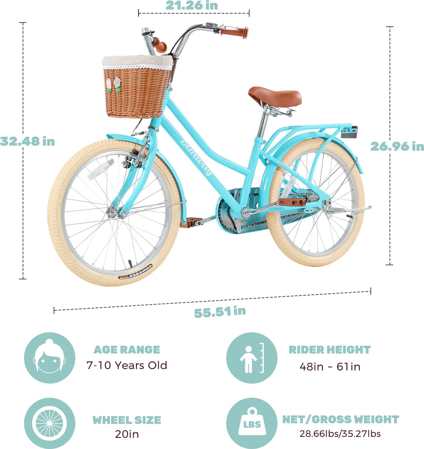 iRerts 20 Inch Girls Bike with Basket, Kids Bike for Girls Ages 7-10 with Bike Wheel Lights, Girls Bicycle with Kickstand, Leather Saddle, Coaster Brakes, Blue