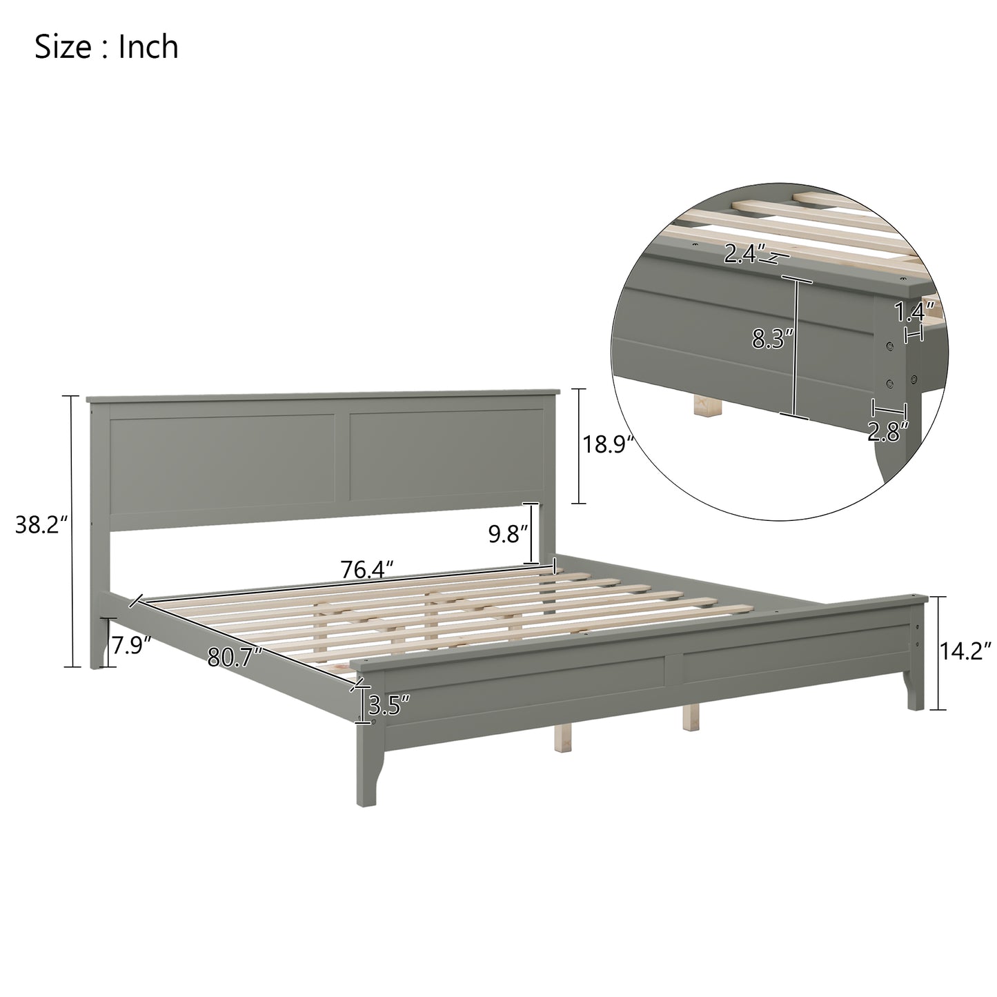 iRerts King Platform Bed Frame with Headboard and Footboard, Solid Wood Bed Frames King Size with Slats Support, Oak Top, Modern King Bed Frame No Box Spring Needed for Kids Adults, Gray