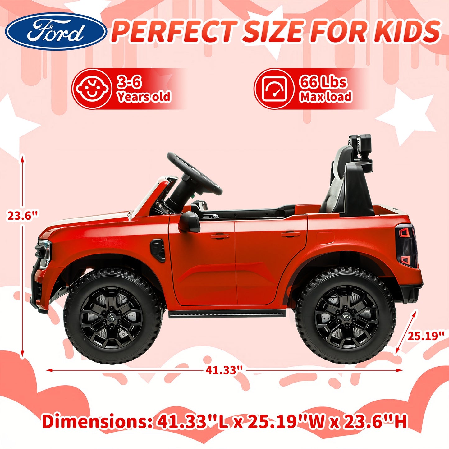 12V Ride on Cars with Remote Control, Ford Ranger Electric Cars for Kids with Bluetooth, Music, USB Port, Horn, LED Lights, Battery Powered Ride on Toys for Kids Boys Girls 3-6 Ages Gifts, Red