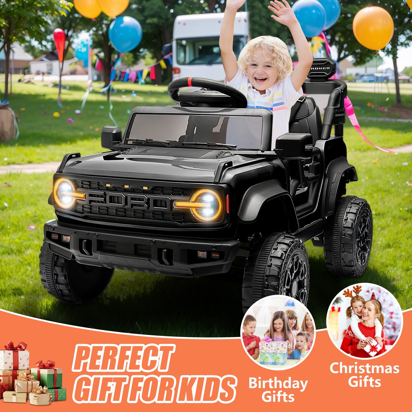 12V Powered Ride on Car, Ford Bronco Raptor Ride on Toys with Remote Control, Battery Powered Ride on Trucks with Bluetooth Music, LED Light, Kids Car Electric Vehicle for Boys Girls Gifts, Black