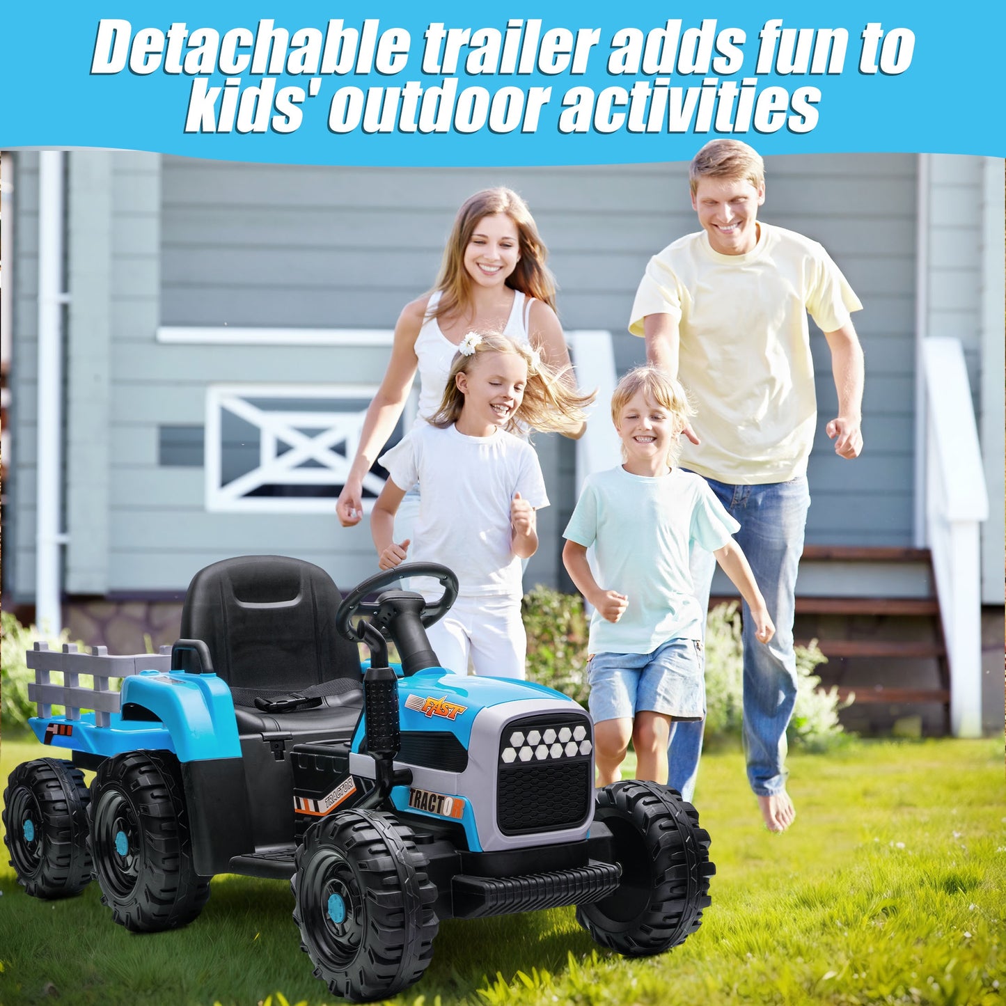 Powered Ride on Toy Tractor, 24V Kids Ride on Car with Remote Control, Electric Vehicles for Kids Toddlers 3-6 Years with 3 Speeds, Bluetooth, Music Player, LED Light, Rear Wheel Suspension, Blue