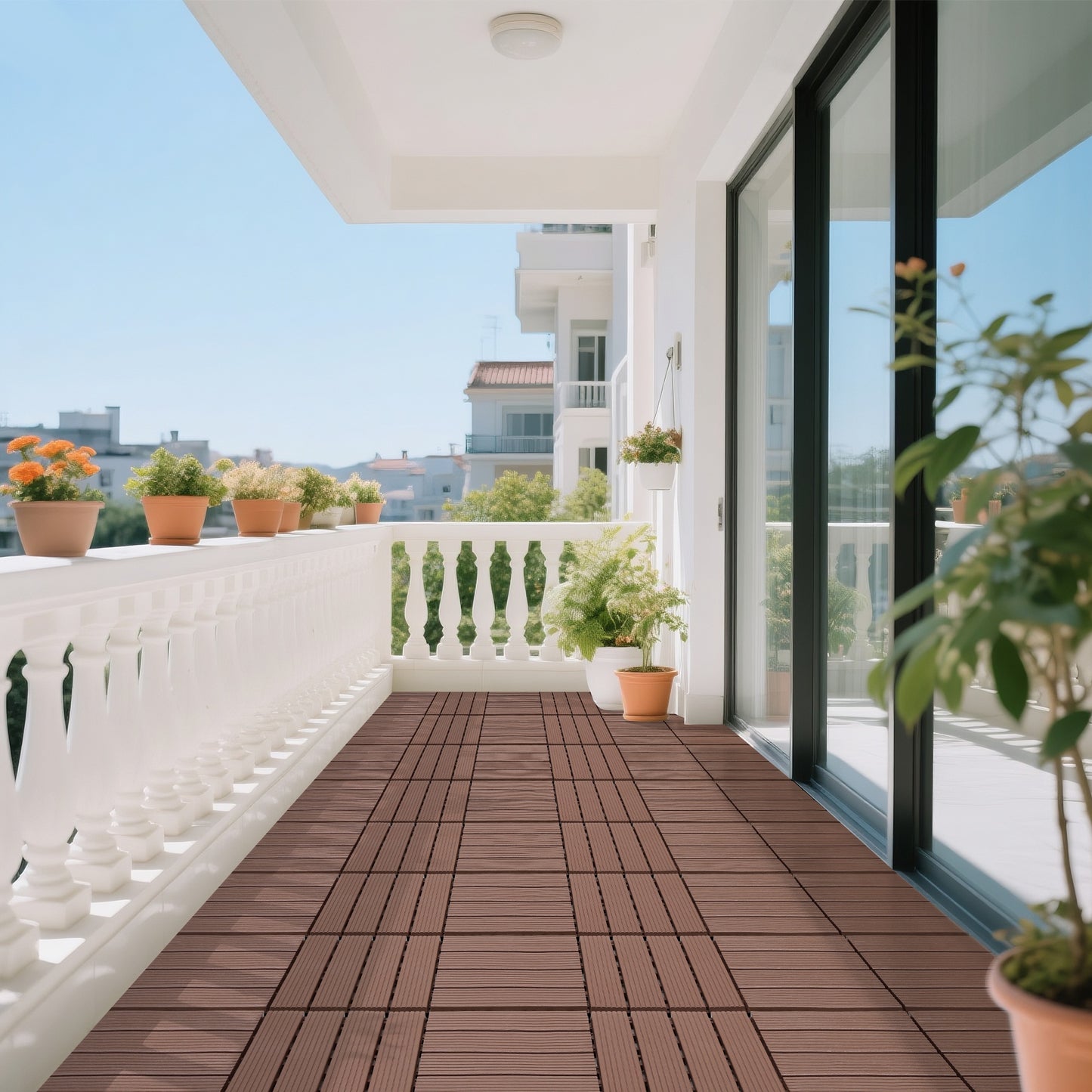 iRerts Plastic Interlocking Deck Tiles, 44 Pack Outdoor Flooring Tiles 12" x 12", All Weather Use, Patio Floor Decking Tiles for Porch Poolside Balcony, Brown