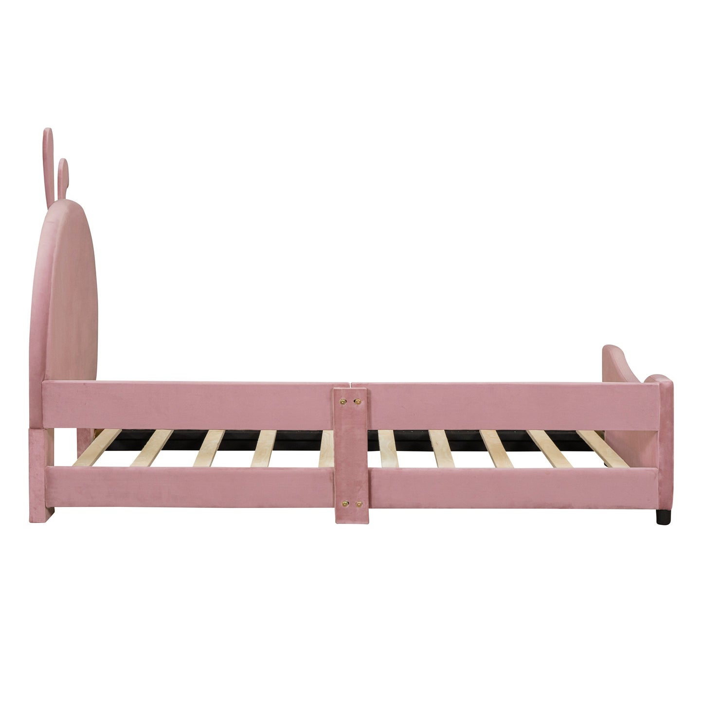 iRerts Upholstered Twin Daybed Frame for Kids, Velvet Twin Platform Bed Frame with Rabbit Ear Shaped Headboard and Footboard, Wood Twin Size Sofa Bed for Girls Boys, Pink