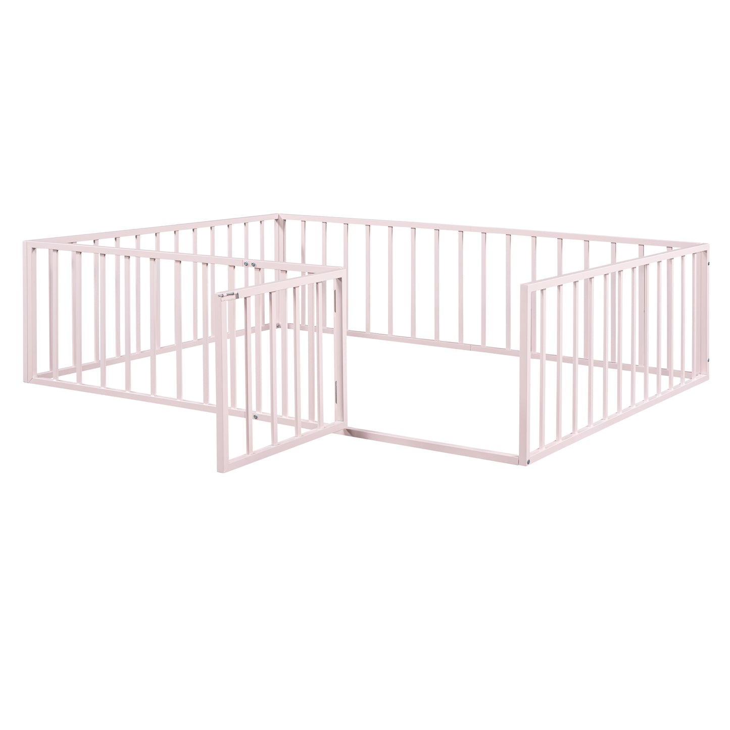 iRerts Queen Floor Bed Frame, Metal Queen Size Montessori Floor Bed Frame with Fence and Door, Kids Toddler Floor Bed Frame Queen Size for Girls Boys, Twin Bed Frame without Bed Slats, Pink