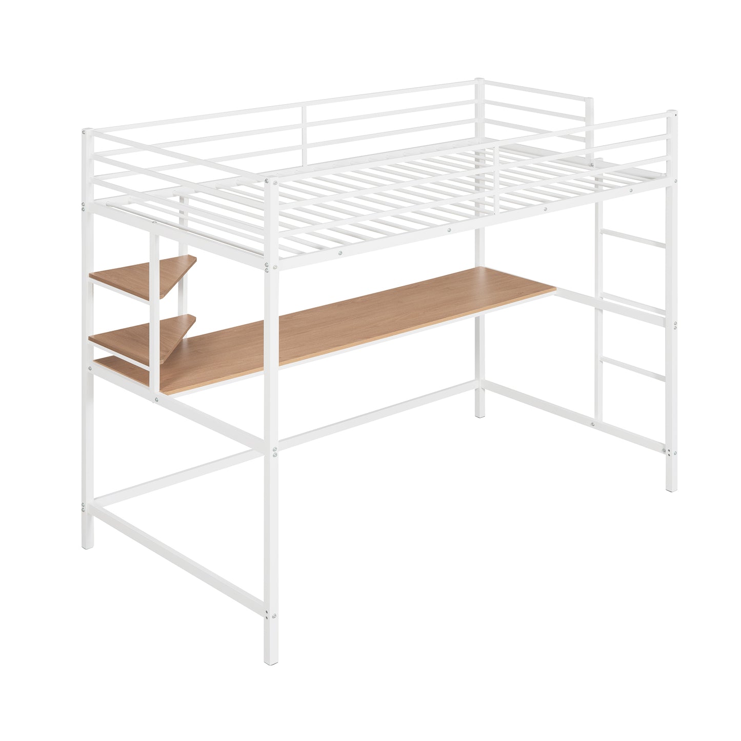 iRerts Twin Loft Bed, Twin Metal Loft Bed with Shelf and Desk, Twin Size Loft Bed with Safety Guardrail, Modern Twin Loft Bed Frame for Dorm Bedroom Guest Room, No Box Spring Needed, White