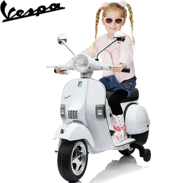 Vespa 12V Ride on Motorcycle, Battery Powered Electric Motorcycle for Kids, Toddler Scooter with Training Wheels, Key Switch, Music, Lights, Ride on Toys for Kids 3-6 Boys Girls, Pink